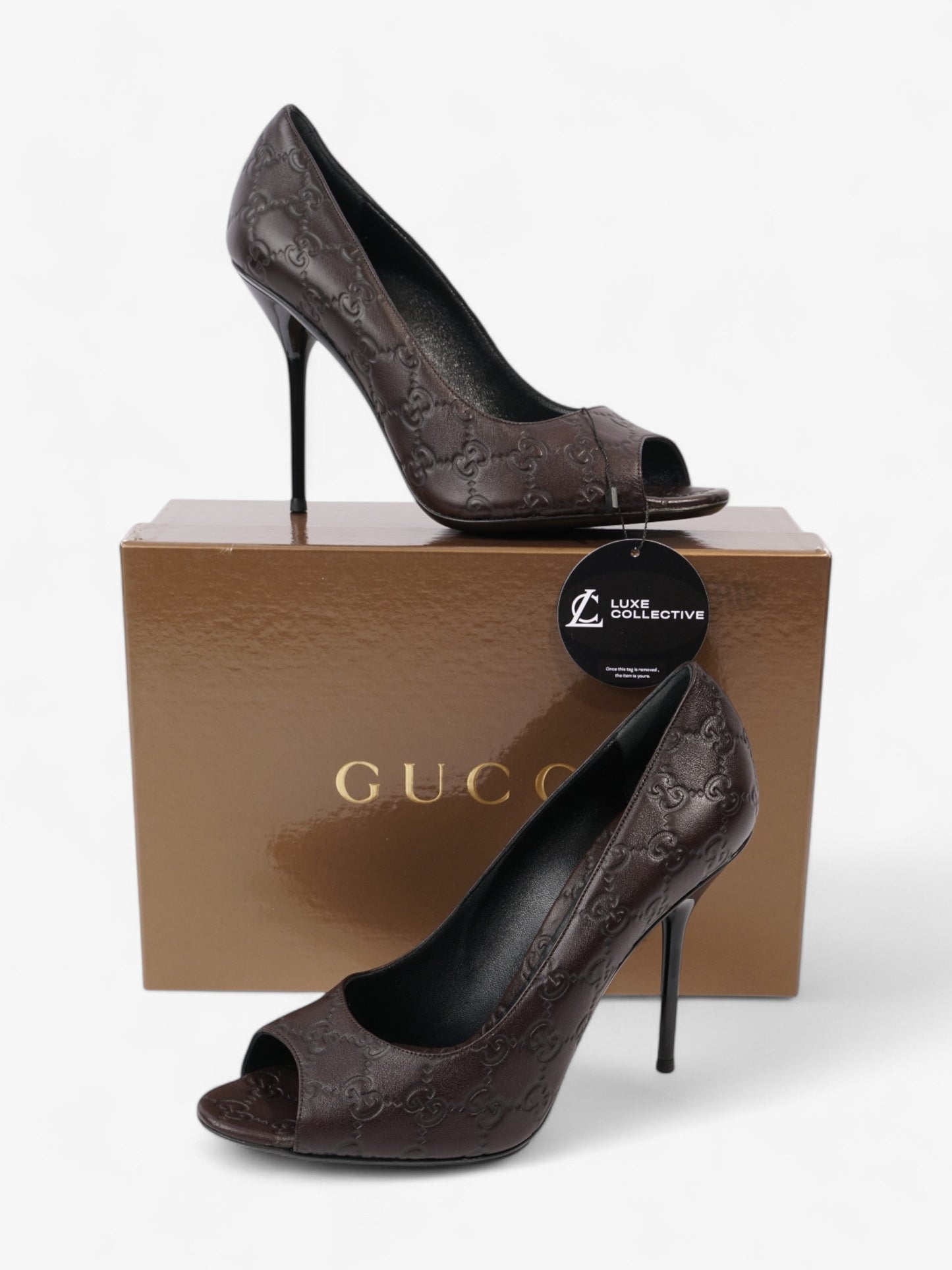 Gucci GG Embossed Heels 110 Brown Embossed Leather EU 41 UK 8