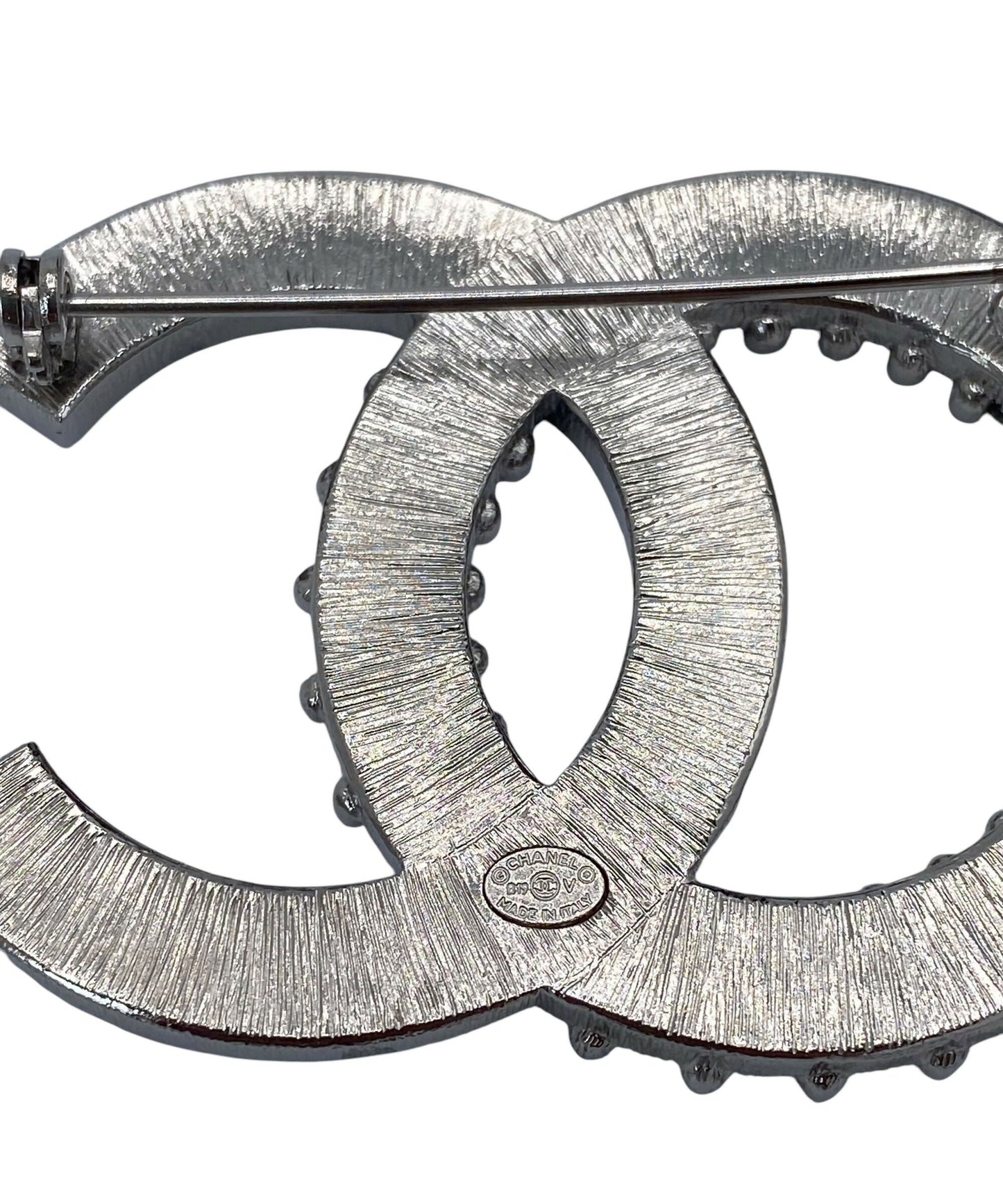 Chanel 2019 Large Silver Crystal Embellished CC Brooch