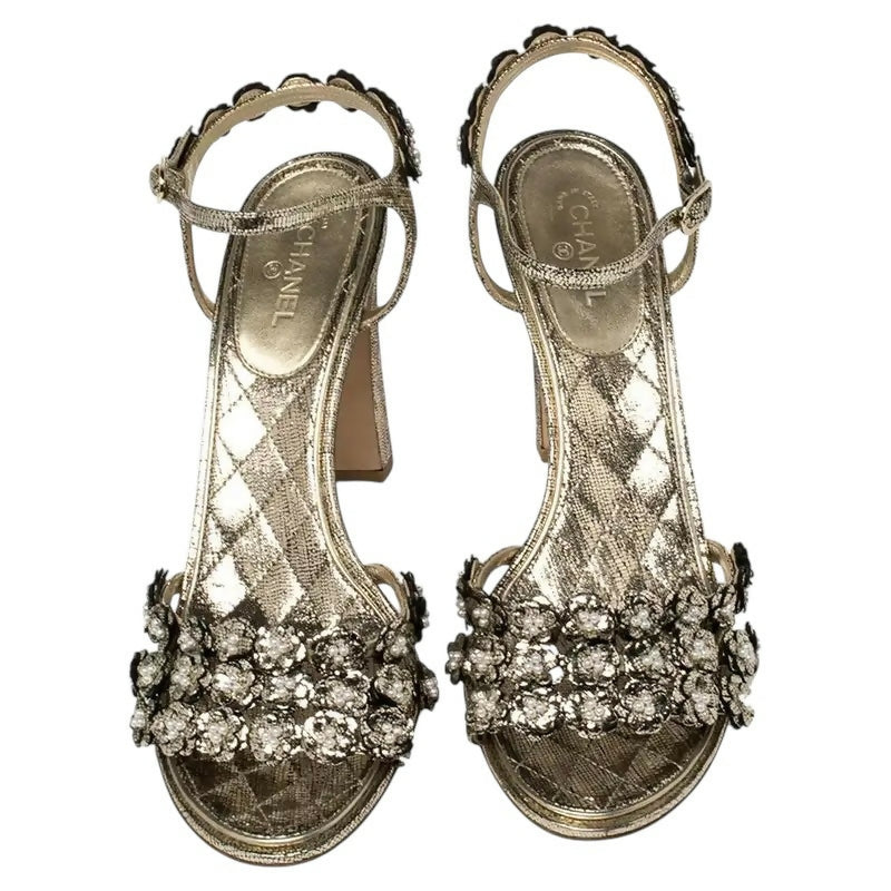 Chanel Gold Metallic Leather Camellia Pearl Sandals Heels EU 38.5C