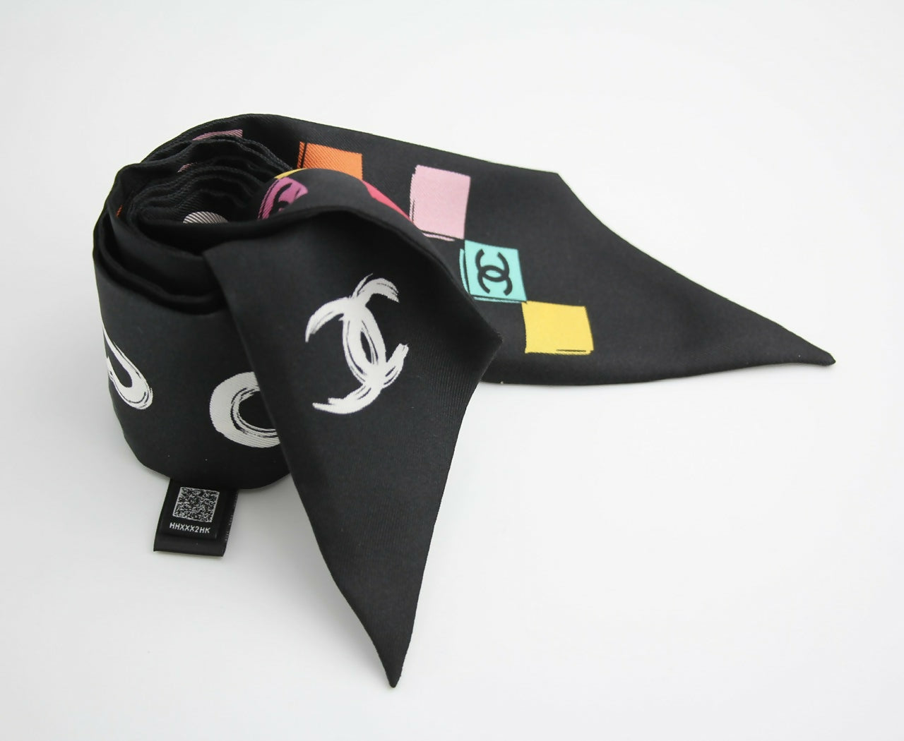 CHANEL 100% Silk Twilly Checkered Pattern CC Logo Scarf in Black and Multicolour