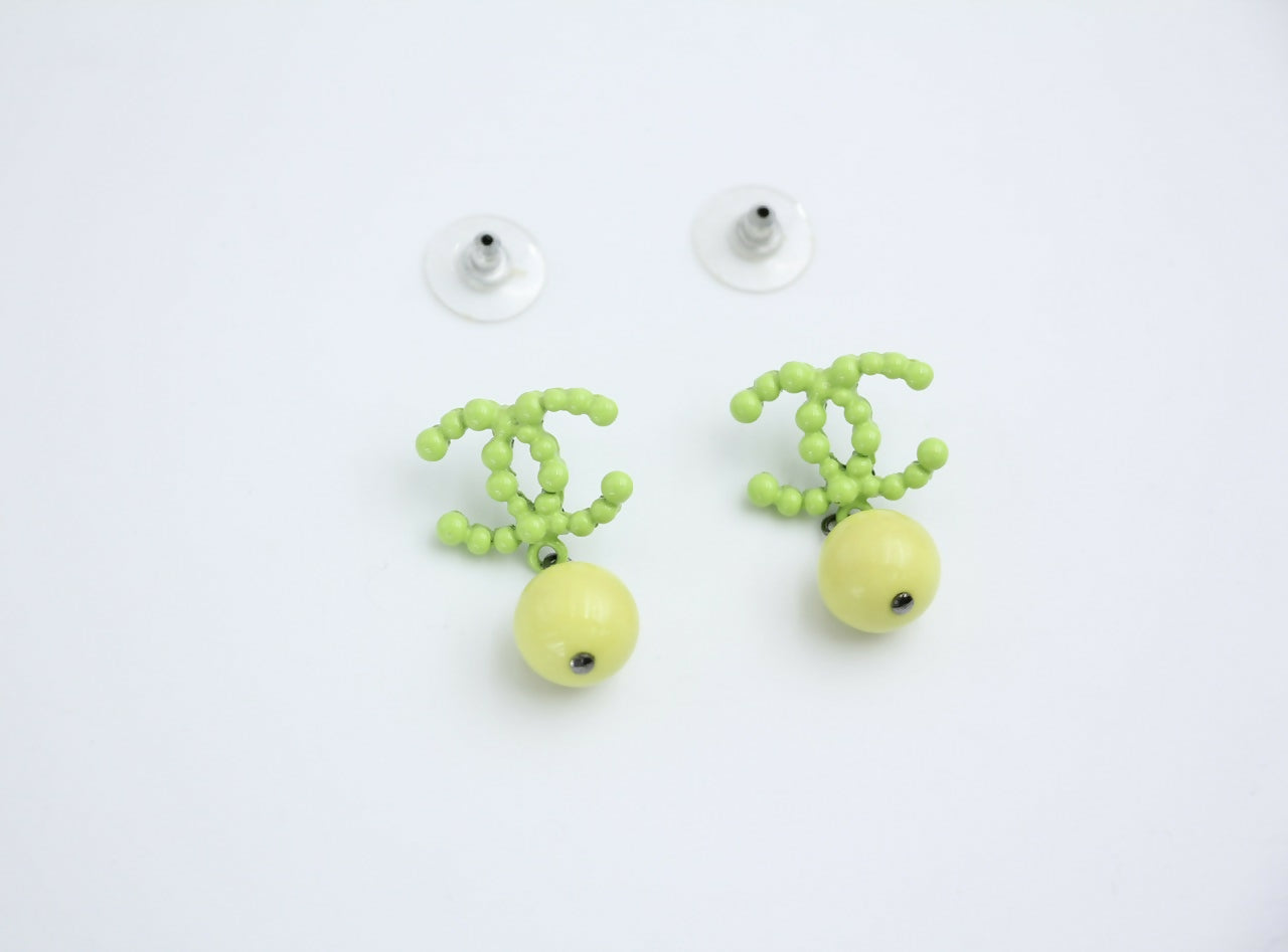 Chanel Vintage 04A Resin Fluorescent Green and Yellow Dangle Stud Earrings
