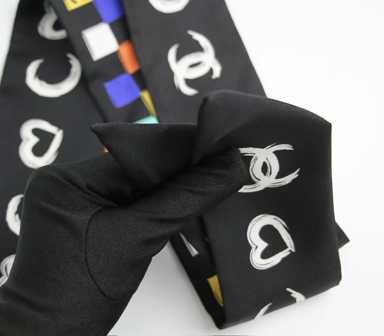 CHANEL 100% Silk Twilly Checkered Pattern CC Logo Scarf in Black and Multicolour