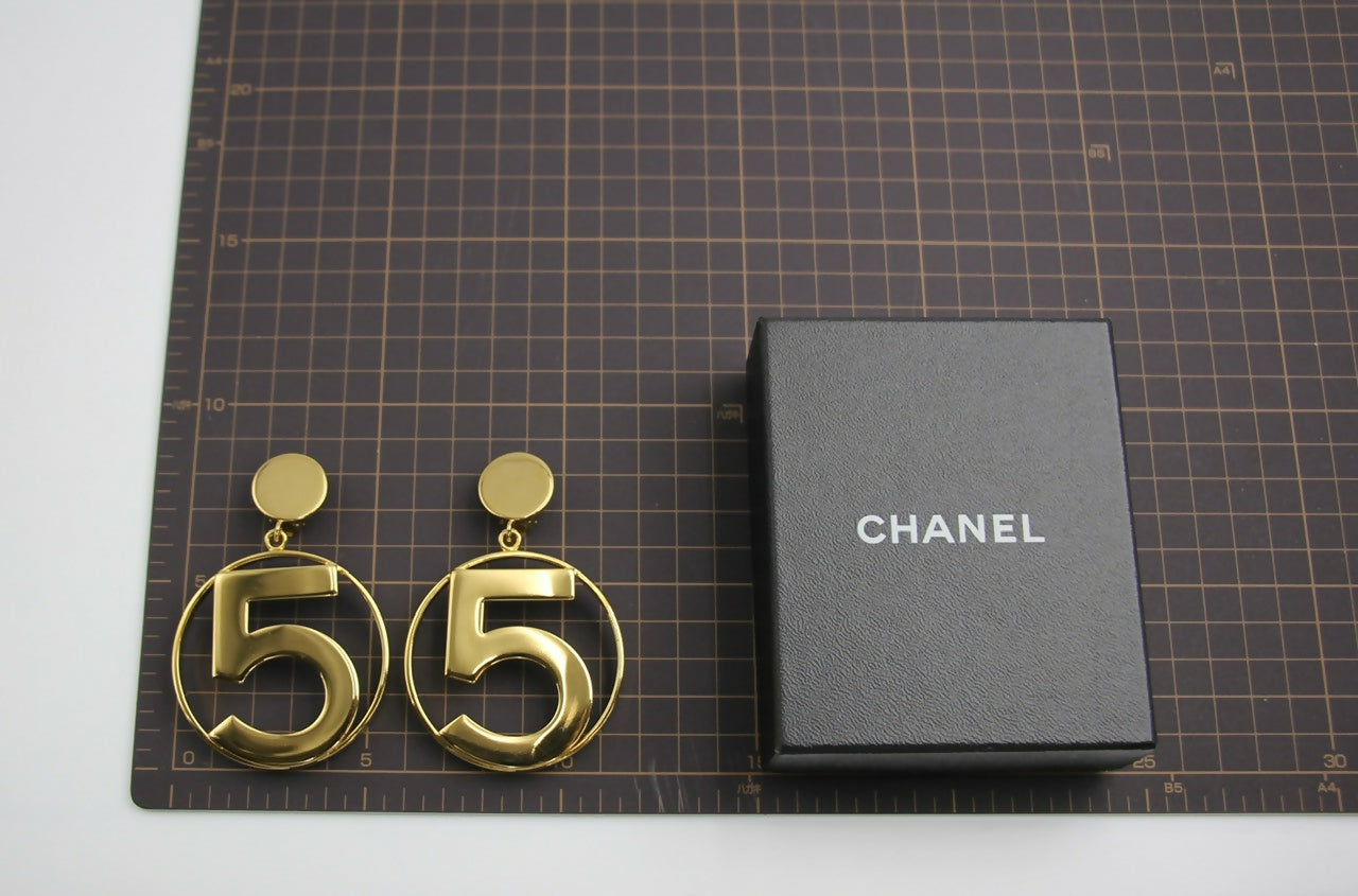 Chanel Vintage 1987 Gold-plated No. 5 Dangle Clip-on Earrings