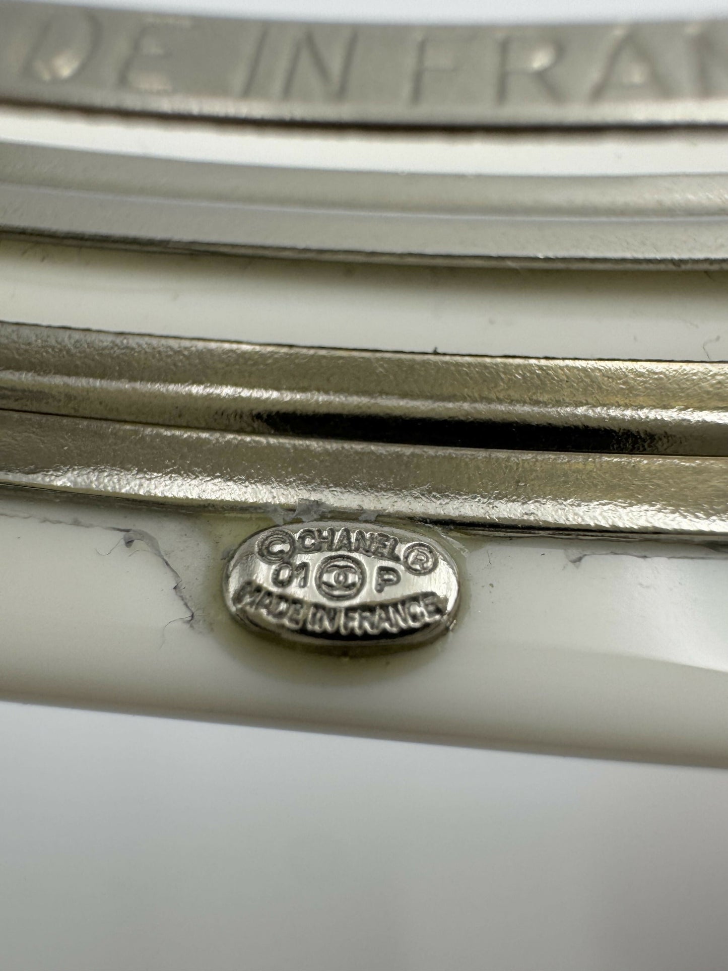 Chanel Vintage 01P Resin Coco Logo White Hairpin