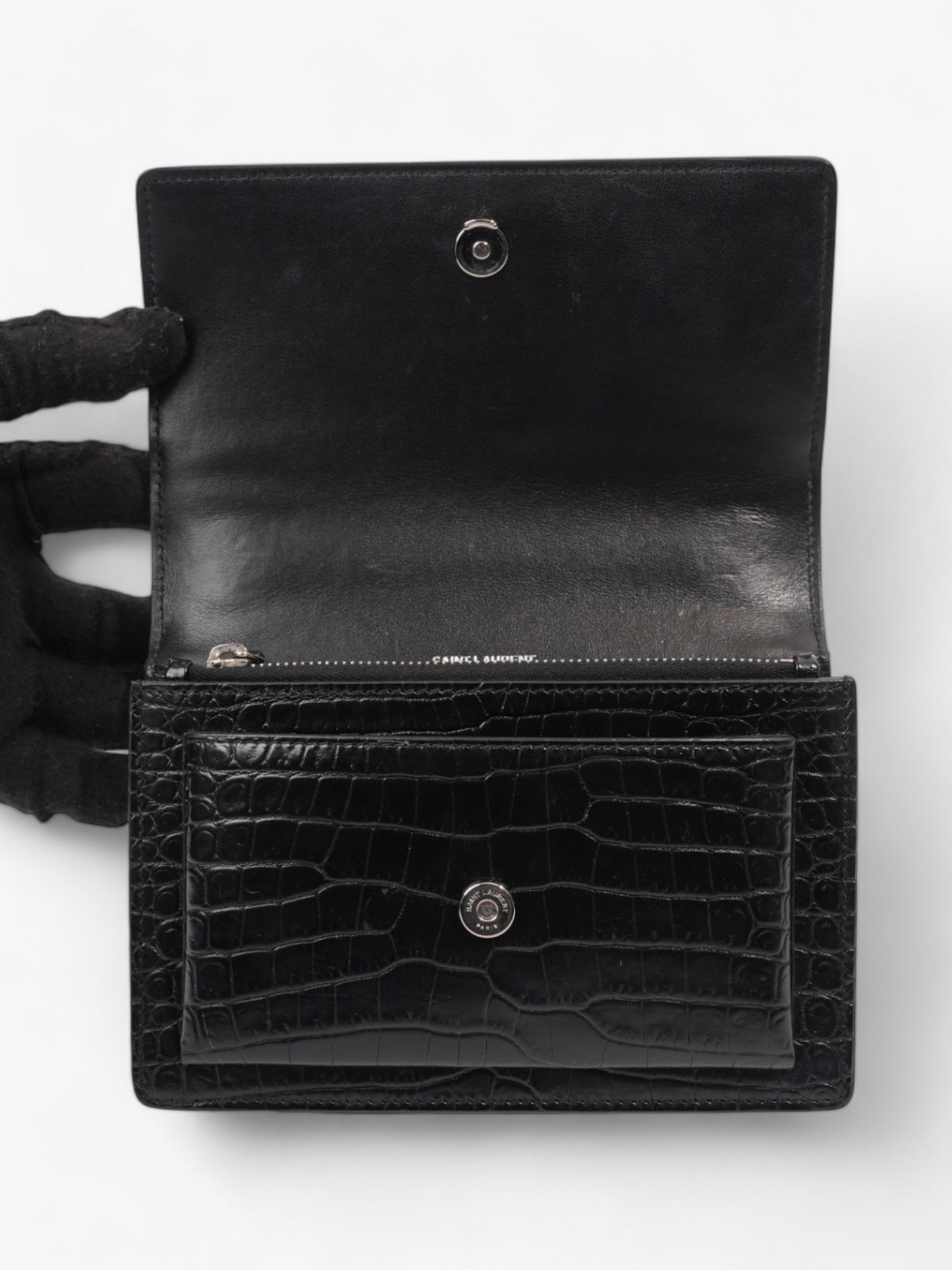 Saint Laurent Sunset Chain Wallet Black Embossed Leather