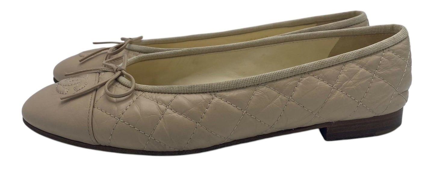 Chanel Beige Quilted Leather CC Bow Ballet Flats EU 38.5