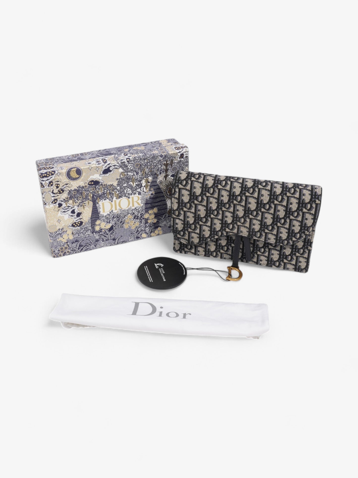 Christian Dior Saddle Pouch with Chain Blue Oblique Cotton Medium