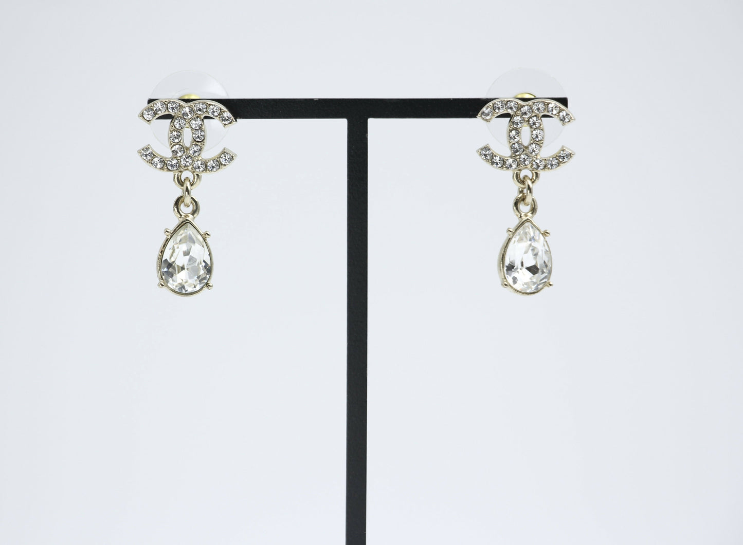 Chanel C19A Rhinestone CC Drop Dangle Stud Earrings