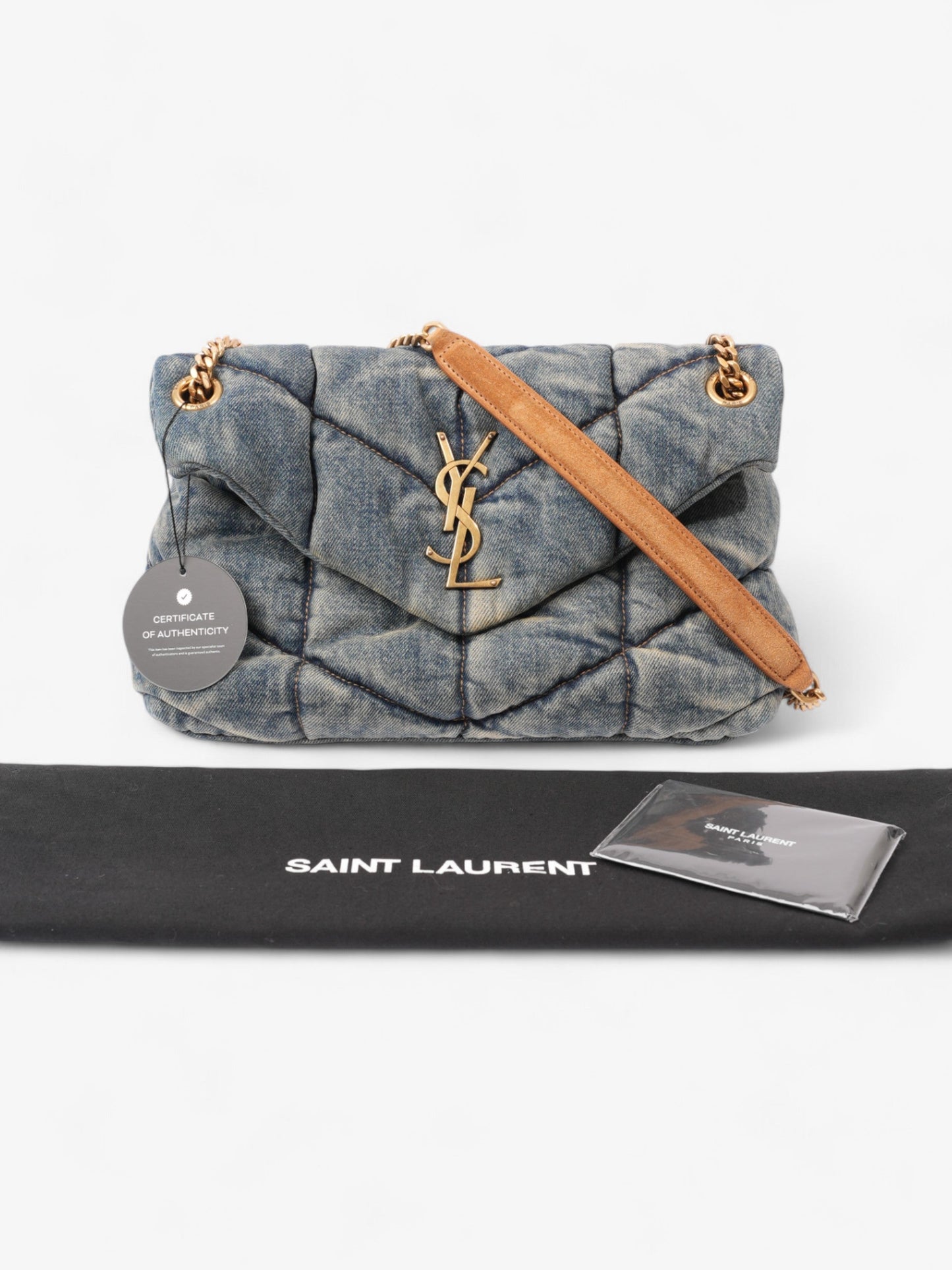 Saint Laurent Lou Lou Puffer Denim / Tan Denim Small