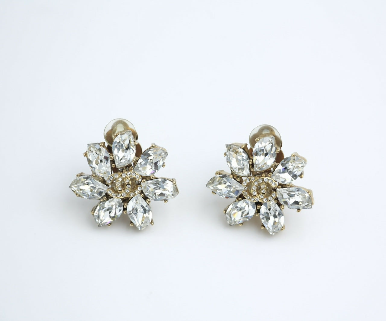 Chanel Vintage 02A Rhinestone Sparkling Ice Crystal Flower Clip-on Earrings