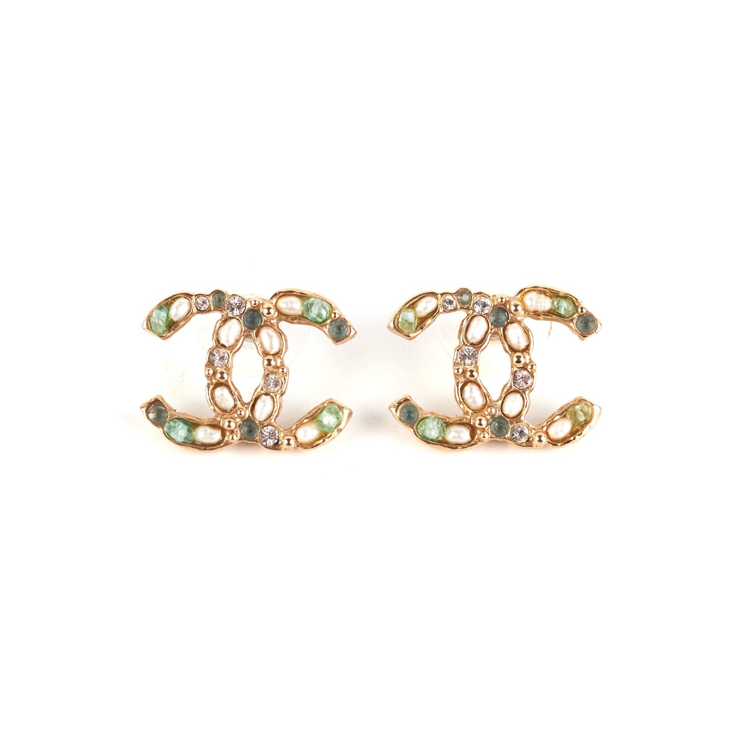 Chanel Coco Logo Green Pearl Rhinestone Earrings Costume Jewellery