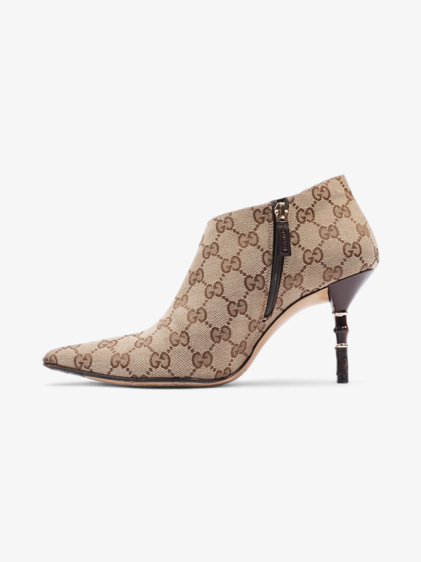 Gucci Ankle Heeled Boots 85mm Beige And Ebony GG Supreme Canvas EU 37.5 UK 4.5