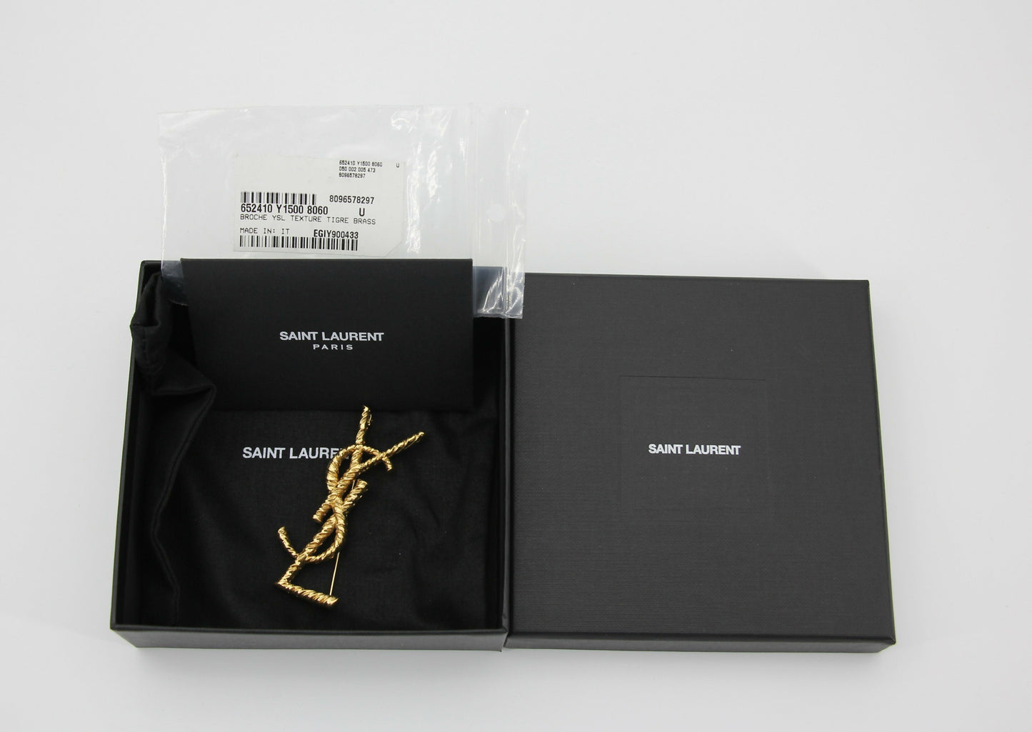 Saint Laurent Black Tuxedo Coat In Grain De Poudre + Saint Laurent YSL Logo Twisted Stripe Texture Brooch
