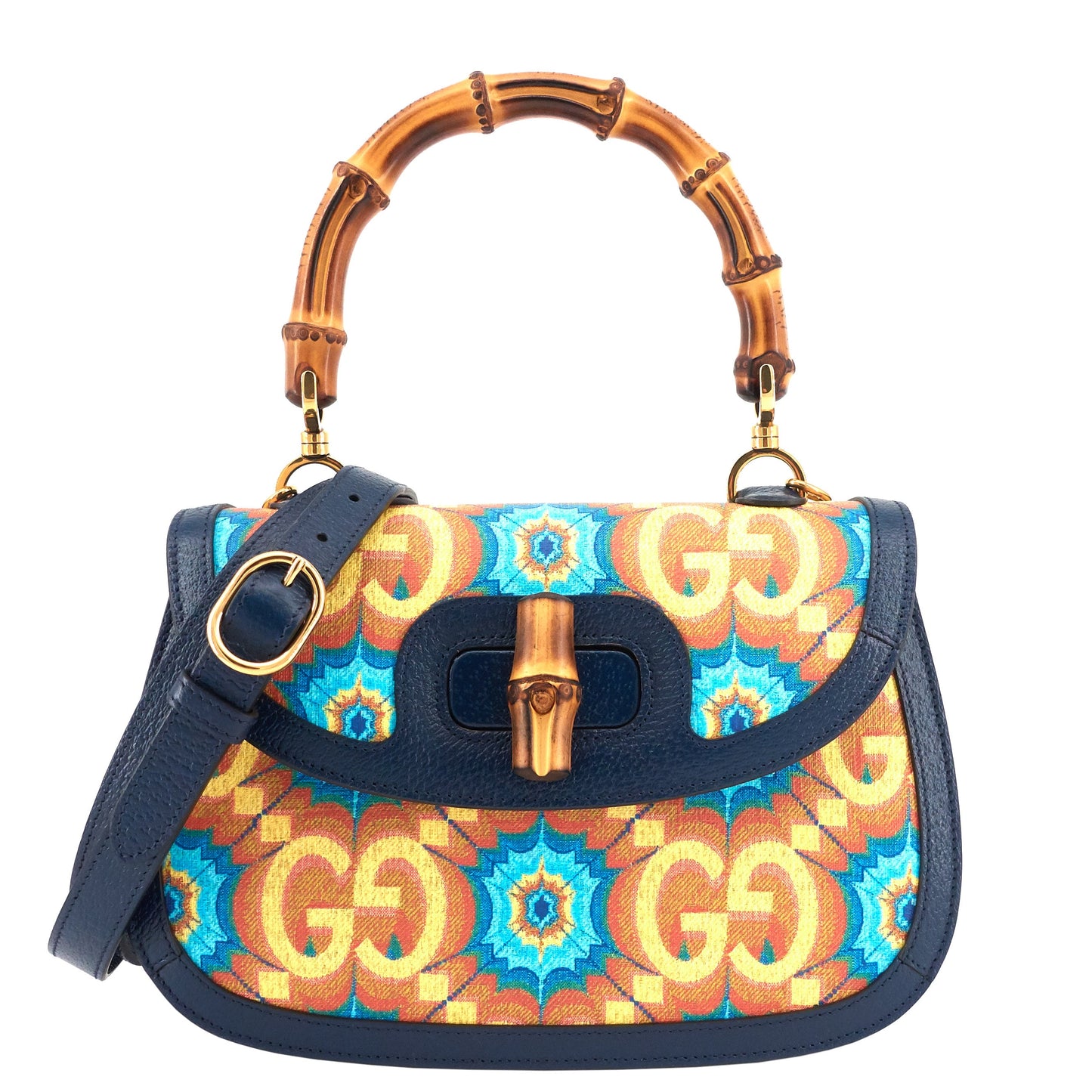 Gucci 1947 Bamboo Handle Kaleidoscope Canvas and Leather Bag