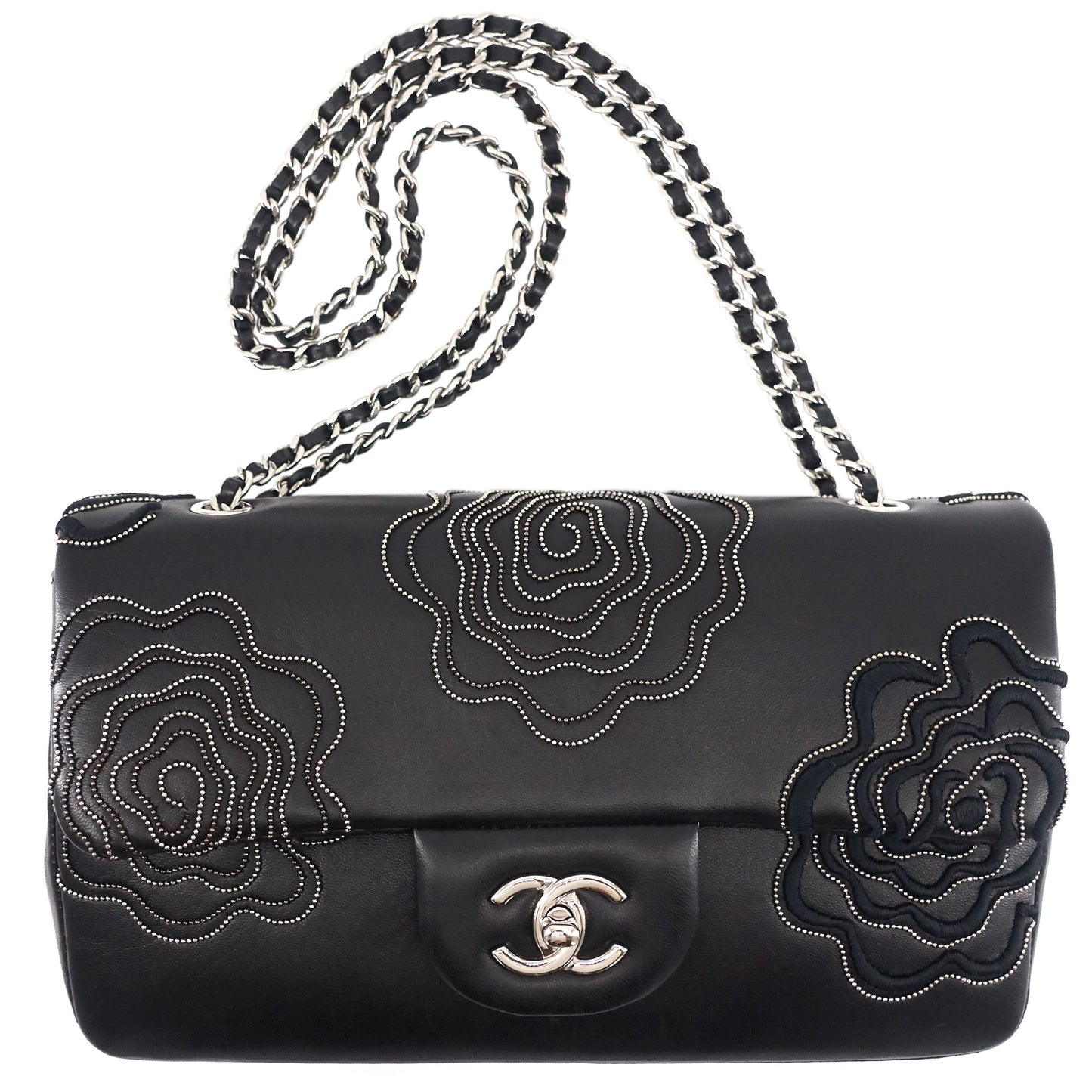 Chanel Embroidered Camellia Follies Medium Lambskin Leather Flap Bag