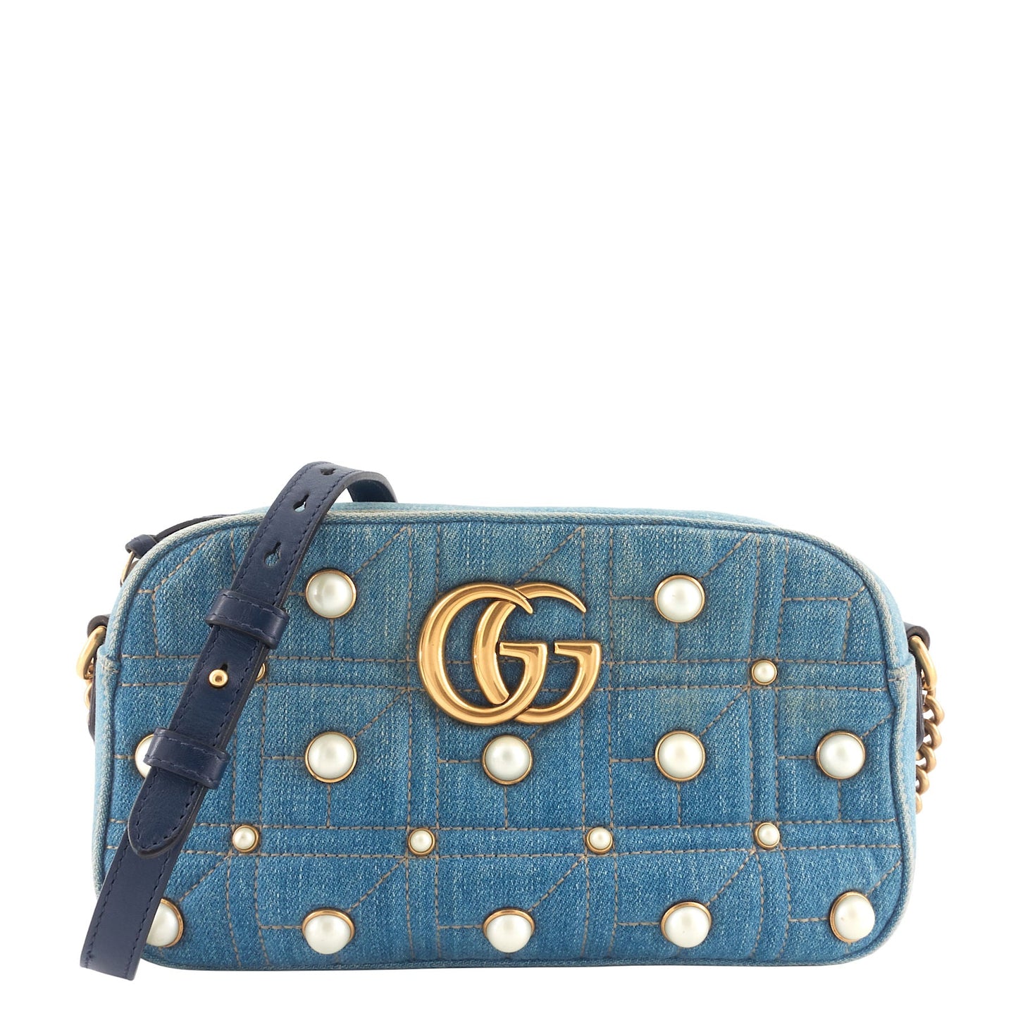 Gucci Pearly GG Marmont Small Denim Camera Bag