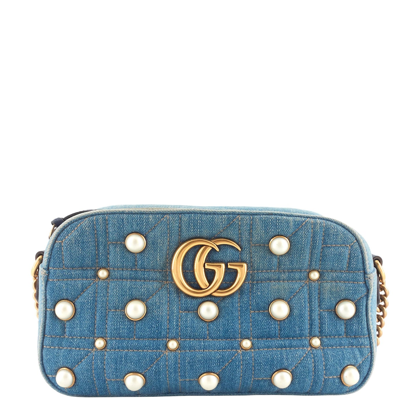 Gucci Pearly GG Marmont Small Denim Camera Bag