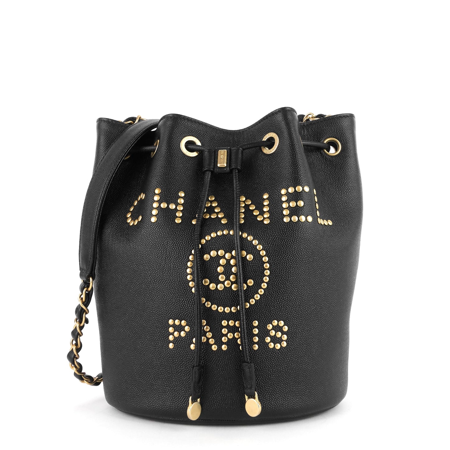 Chanel Deauville Drawstring Studded Caviar Bucket Bag
