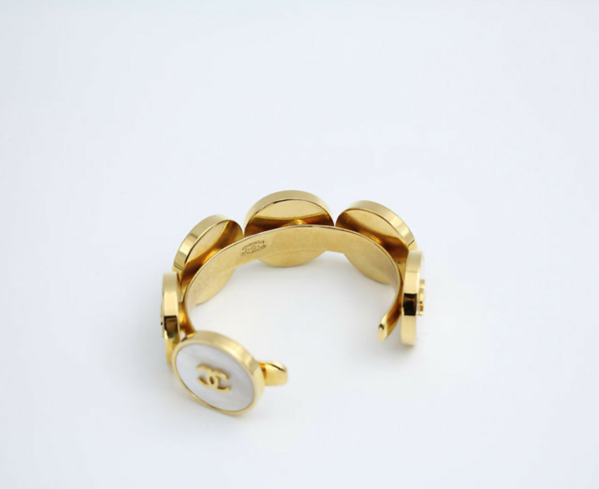 Chanel Vintage 95A Mother-of-Pearl Circle Shape Gold Plated Bracelet Cuff
