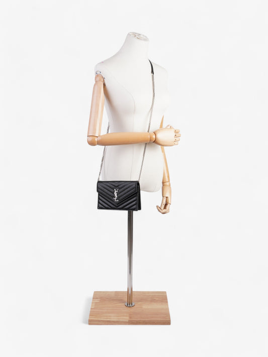 Saint Laurent Cassandre Envelope Chain Wallet Black Grained Leather