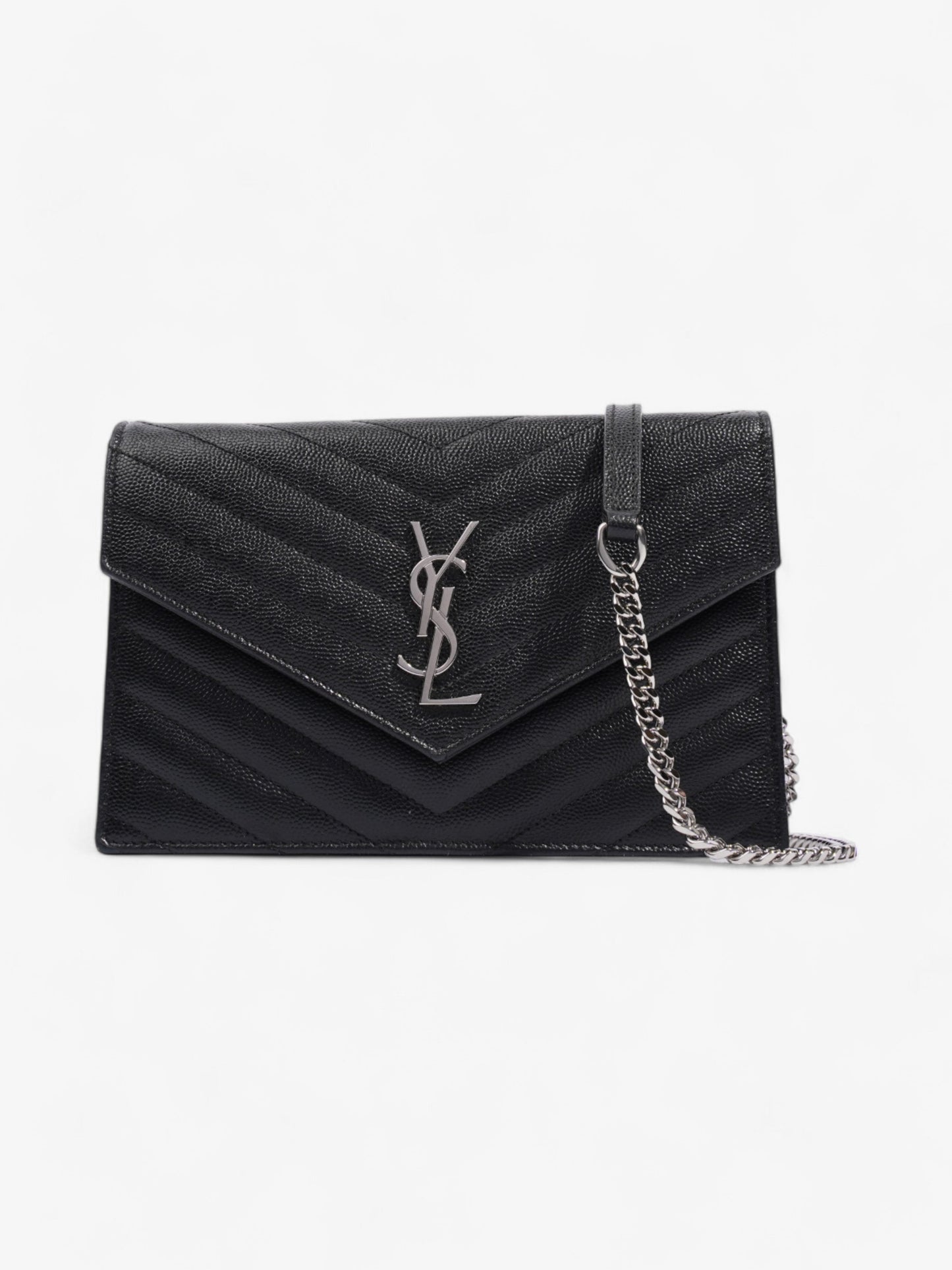 Saint Laurent Cassandre Envelope Chain Wallet Black Grained Leather
