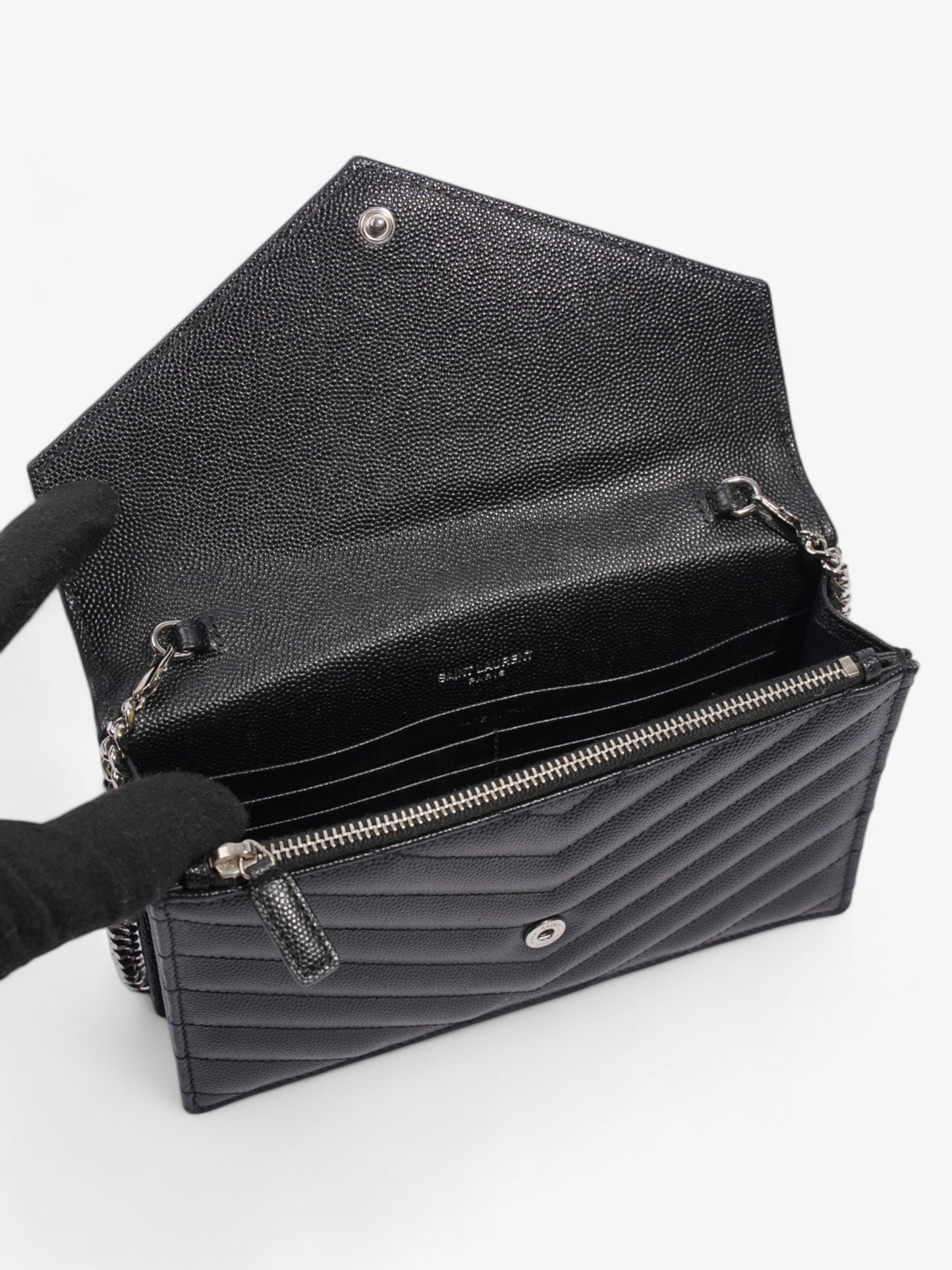 Saint Laurent Cassandre Envelope Chain Wallet Black Grained Leather