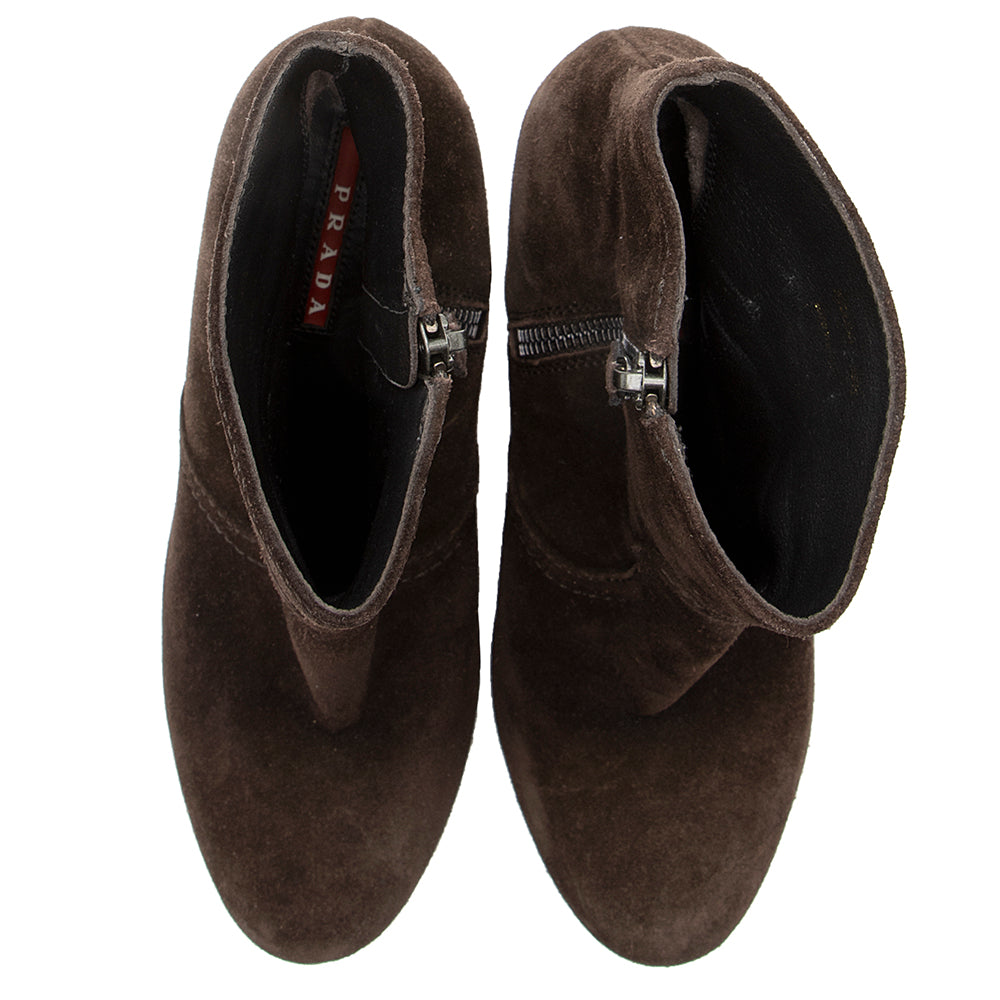 Prada Suede Wedge Ankle Booties - Size 8.5 / 38.5 (SHF-18725)
