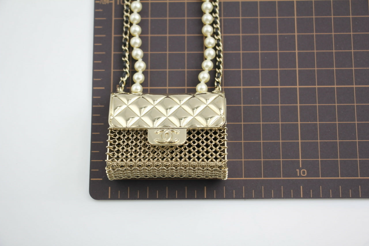 Chanel B21S Imitation Pearl Charm Mini Flap Handbag Leather Chain Long Necklace
