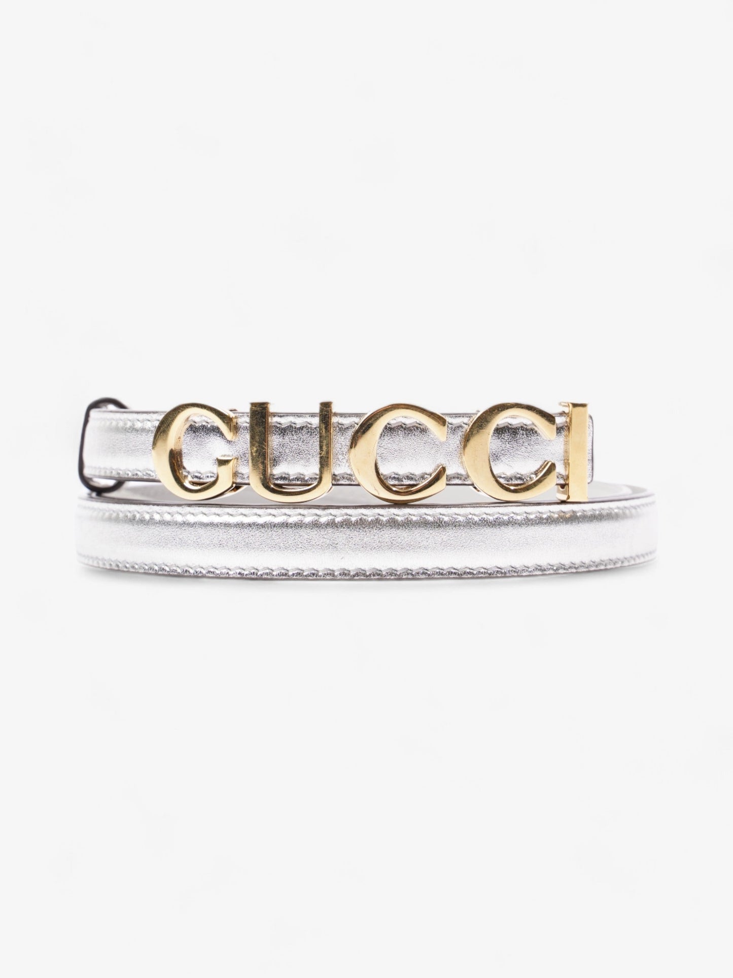 Gucci Buckle Thin Belt Silver Leather 85cm / 34"