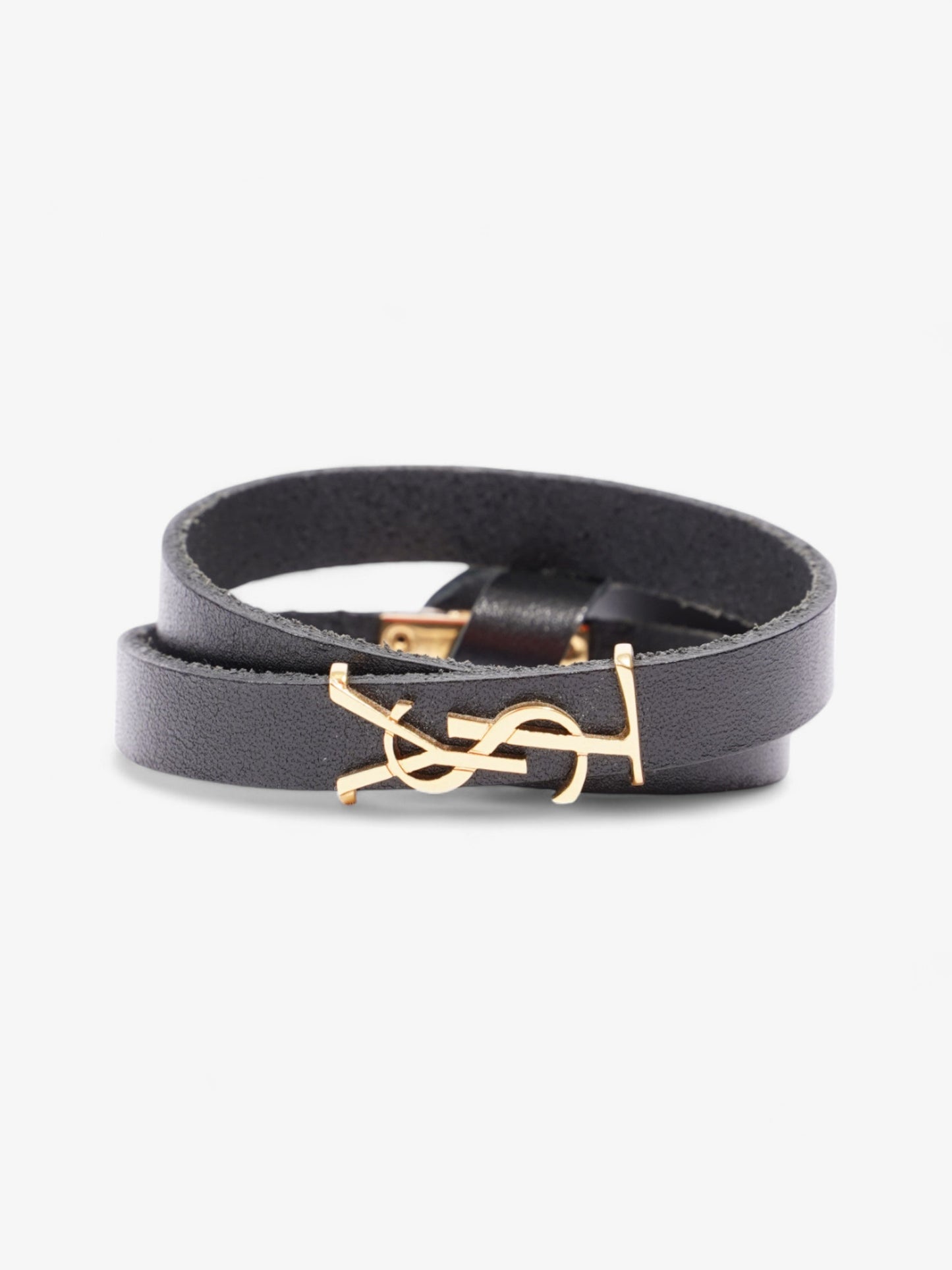 Saint Laurent Cassandre Double Wrap Bracelet Black / Gold Calfskin Leather