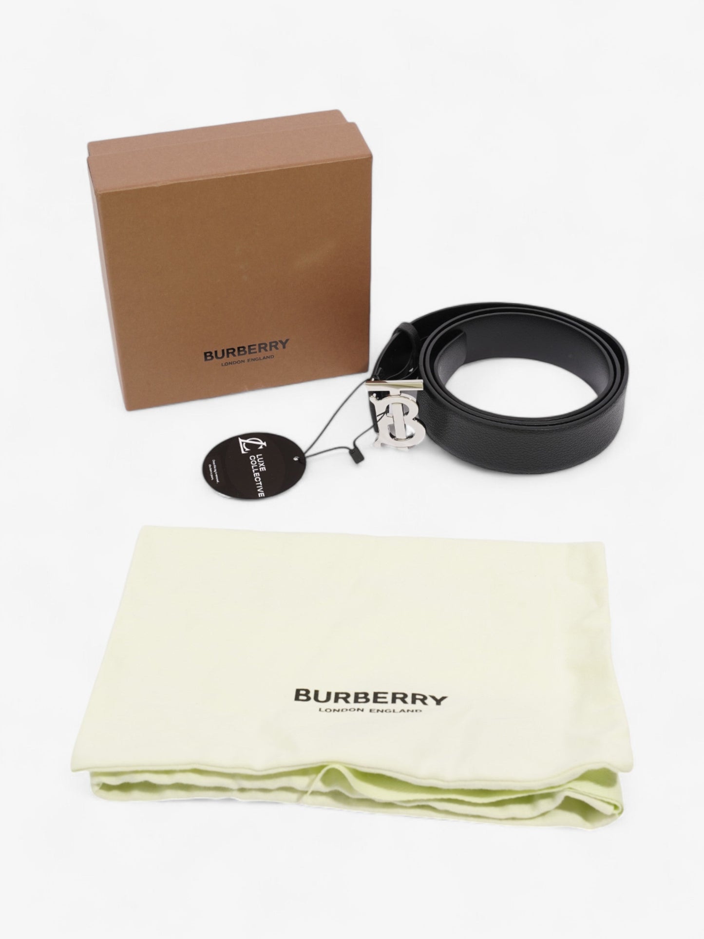 Burberry Monogram TB Belt Black / Silver Leather 110cm / 44"