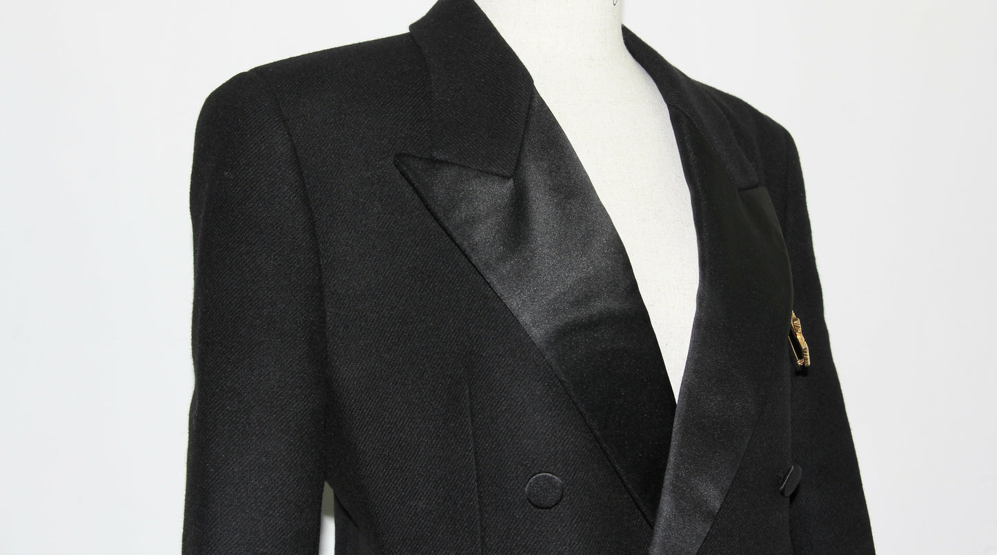 Saint Laurent Black Tuxedo Coat In Grain De Poudre + Saint Laurent YSL Logo Twisted Stripe Texture Brooch