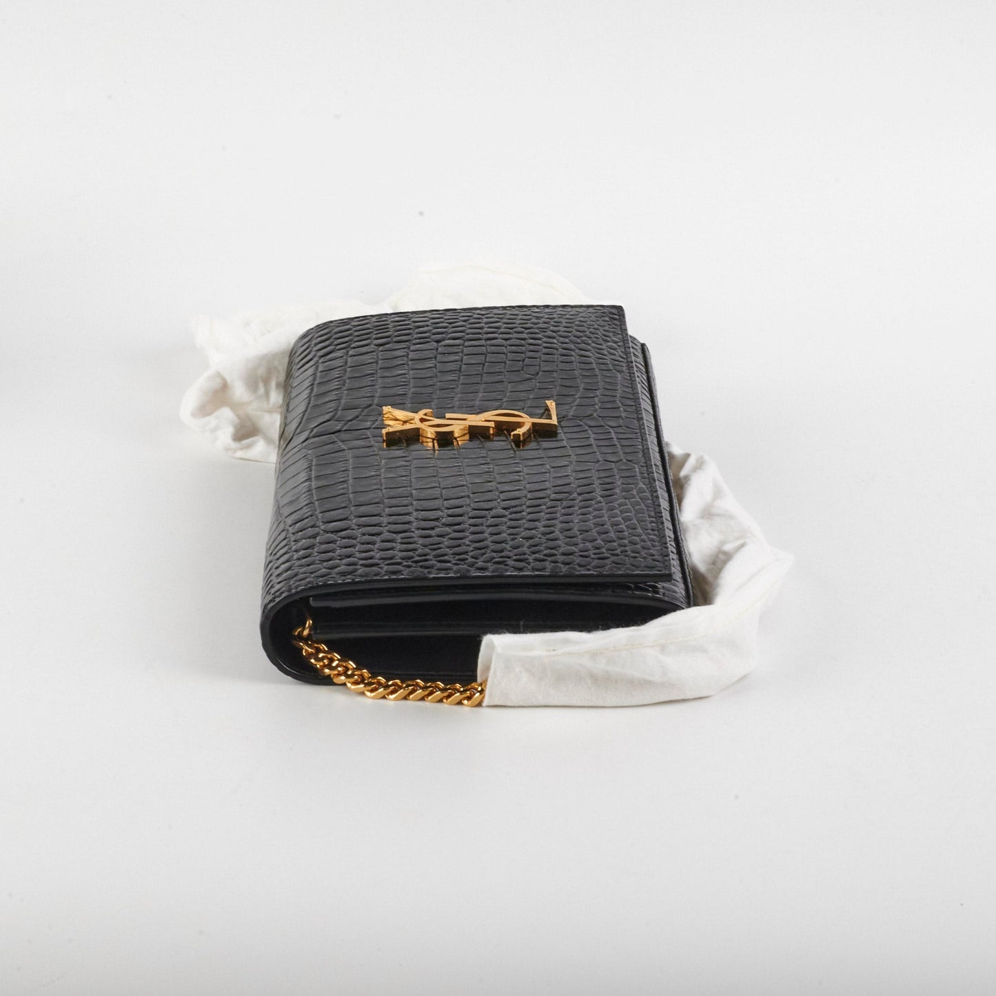 Saint Laurent Kate Crocodile Embossed Wallet On Chain
