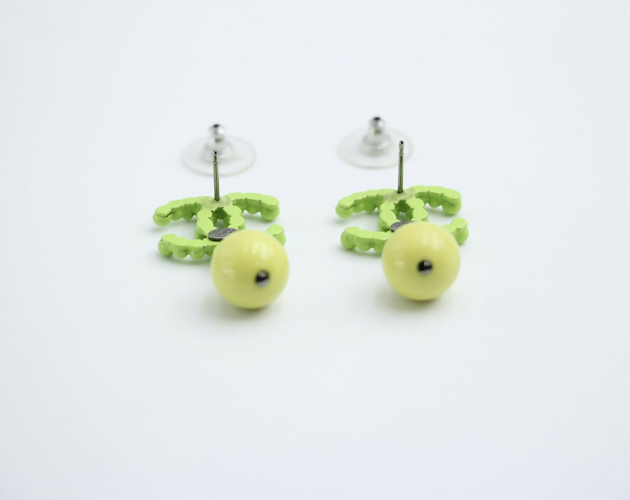 Chanel Vintage 04A Resin Fluorescent Green and Yellow Dangle Stud Earrings