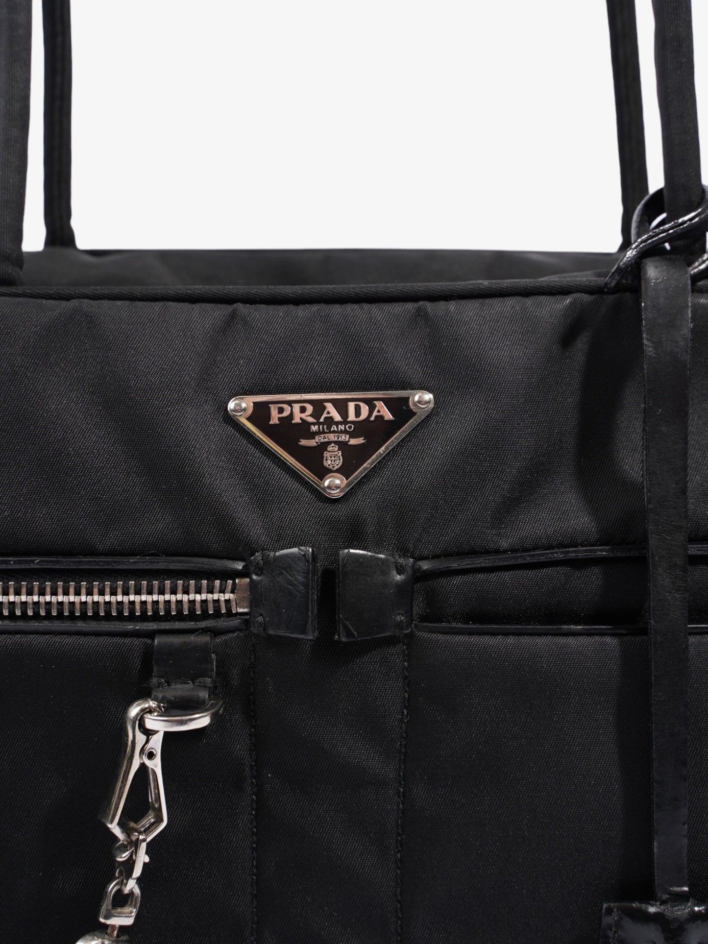 Prada Triangle Logo Boston Front Pocket Black Nylon