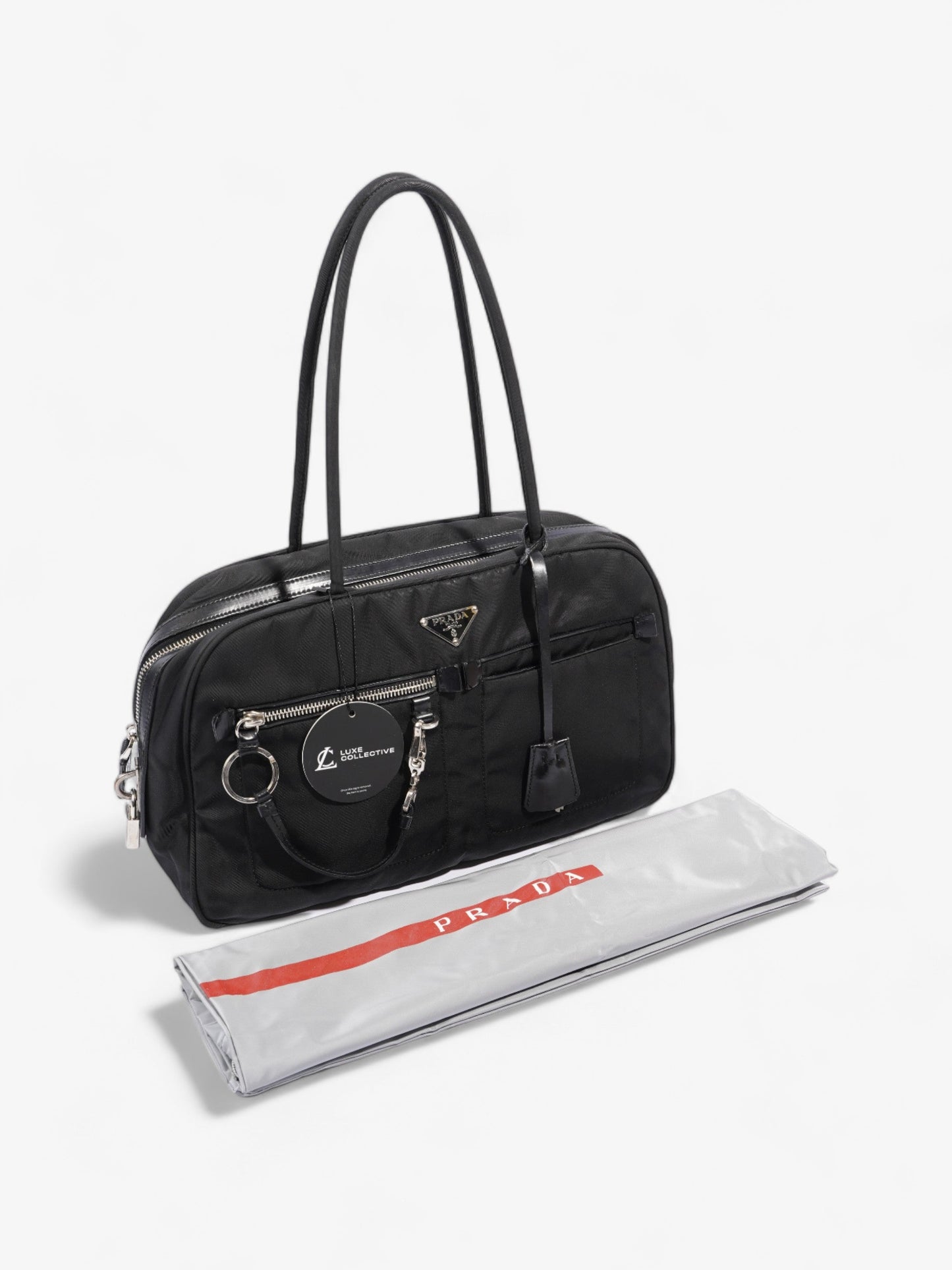 Prada Triangle Logo Boston Front Pocket Black Nylon