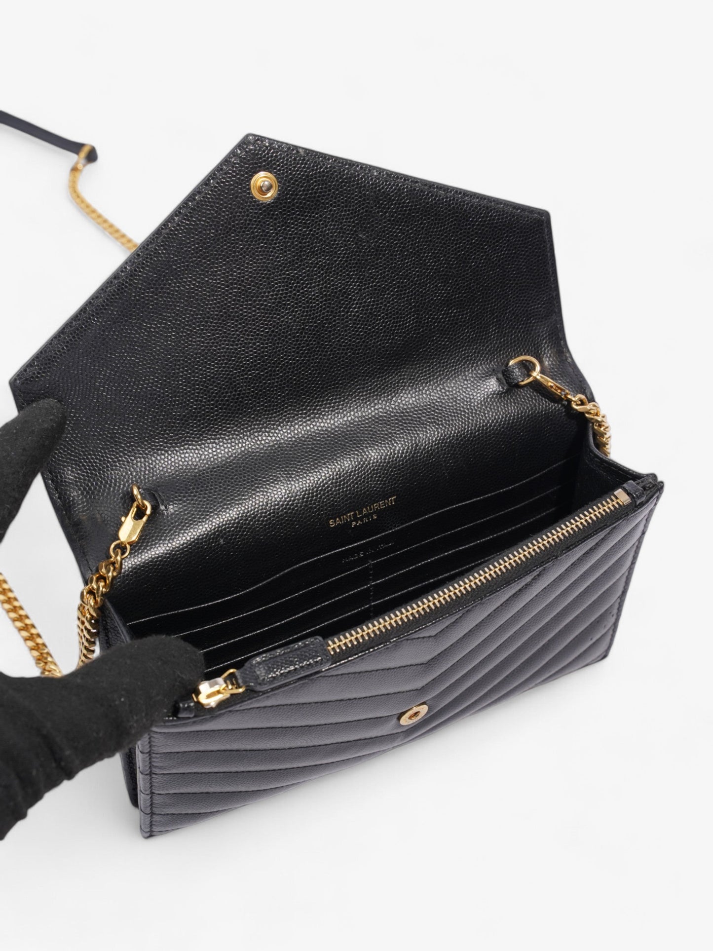 Saint Laurent Cassandre Envelope Chain Wallet Black Calfskin Leather