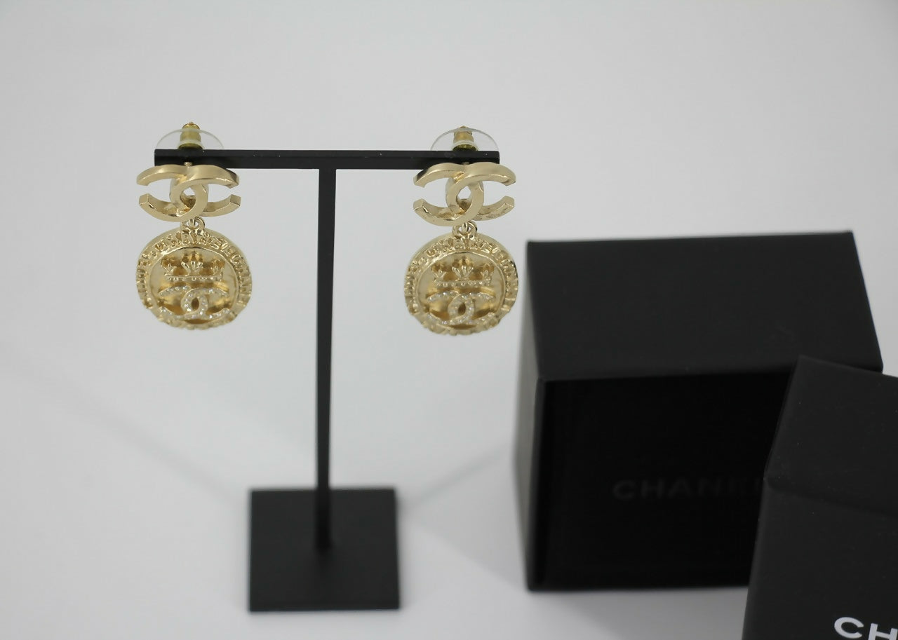 Chanel F21A Rhinestone CC Crown Dangle Stud Earrings