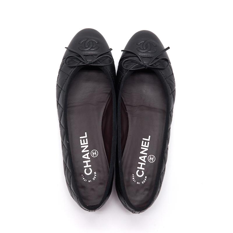 Chanel Black Quilted Suede CC Cap Toe Ballet Flats