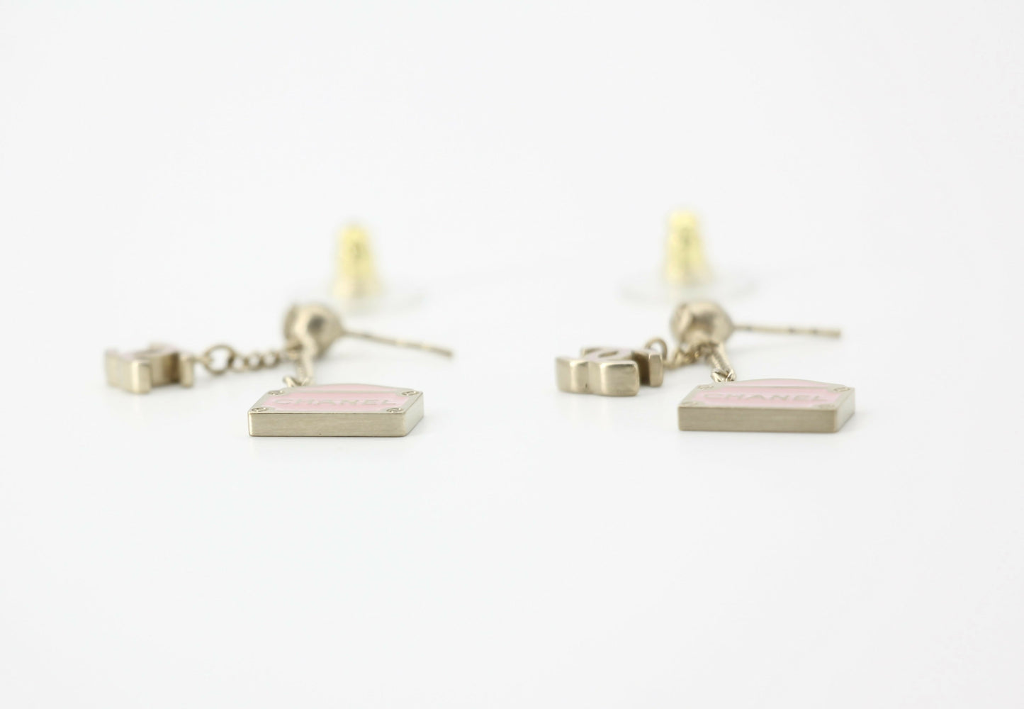 Chanel Vintage 01 Enamel Pink Purse Rue Cambon CC Dangle Stud Earrings