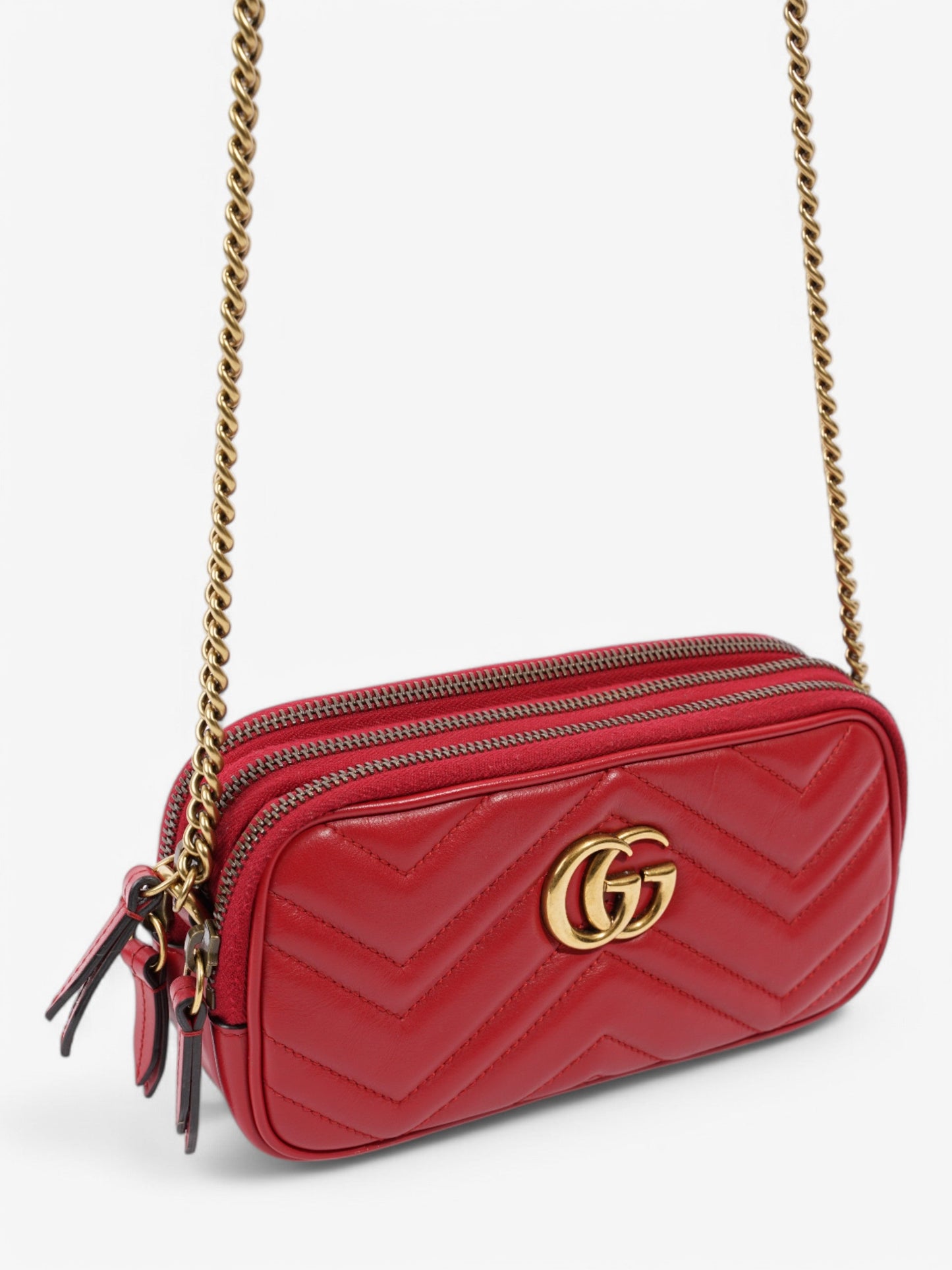 Gucci GG Marmont Chain Hibiscus Red Calfskin Leather Mini