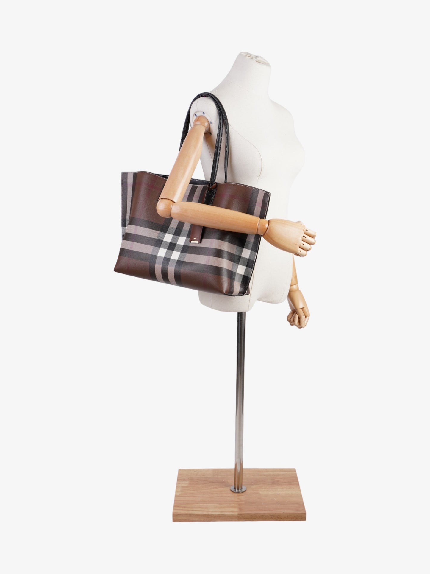 Burberry Check Tote Dark Birch Brown Calfskin Leather Medium