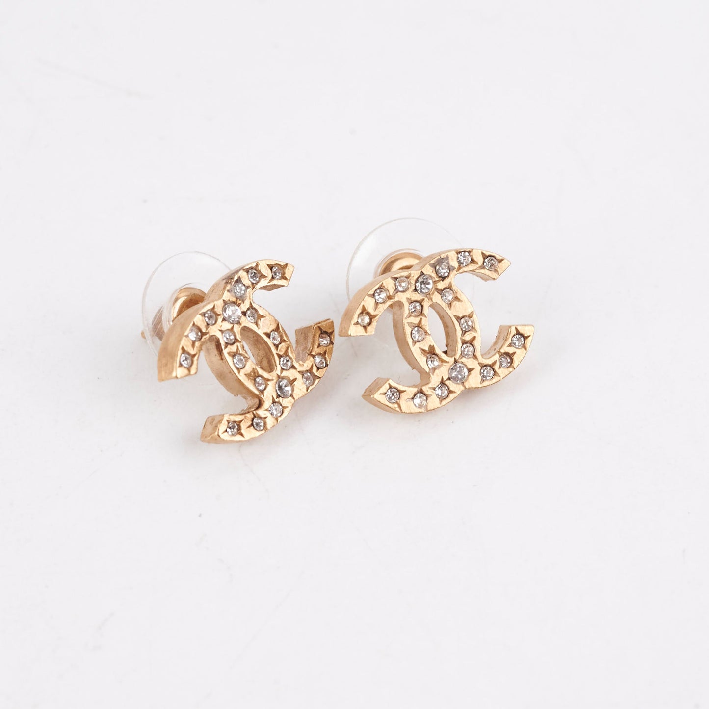 Chanel CC Logo Rhinestone Gold Earrings Costume Jewellery
