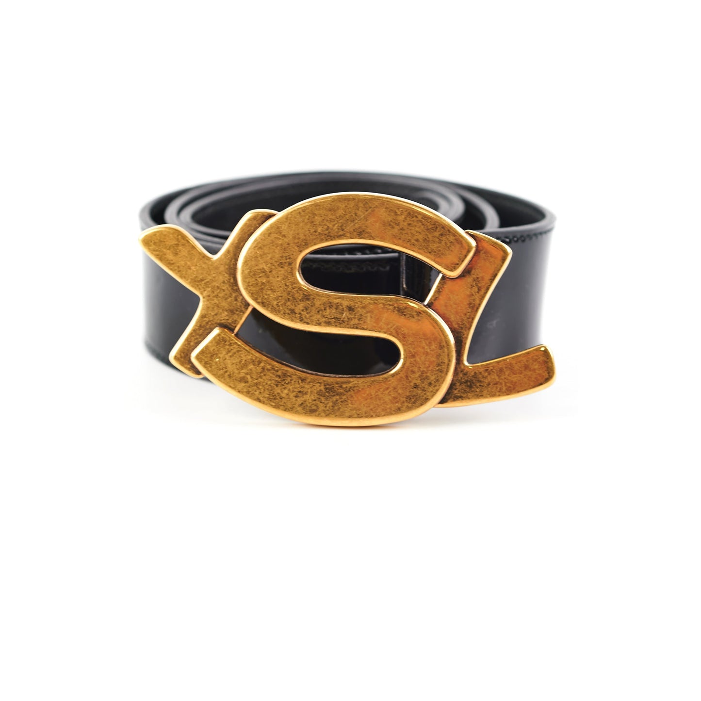 Saint Laurent Black Patent YSL Gold Enamel Buckle Belt