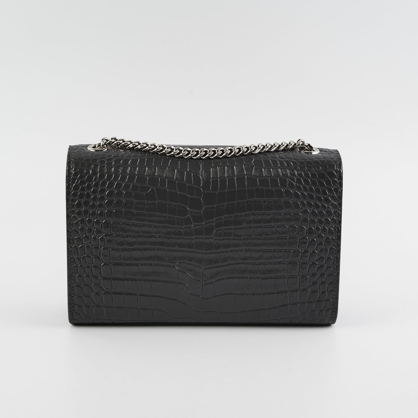 Saint Laurent Small Kate Crocodile Embossed Dark Grey