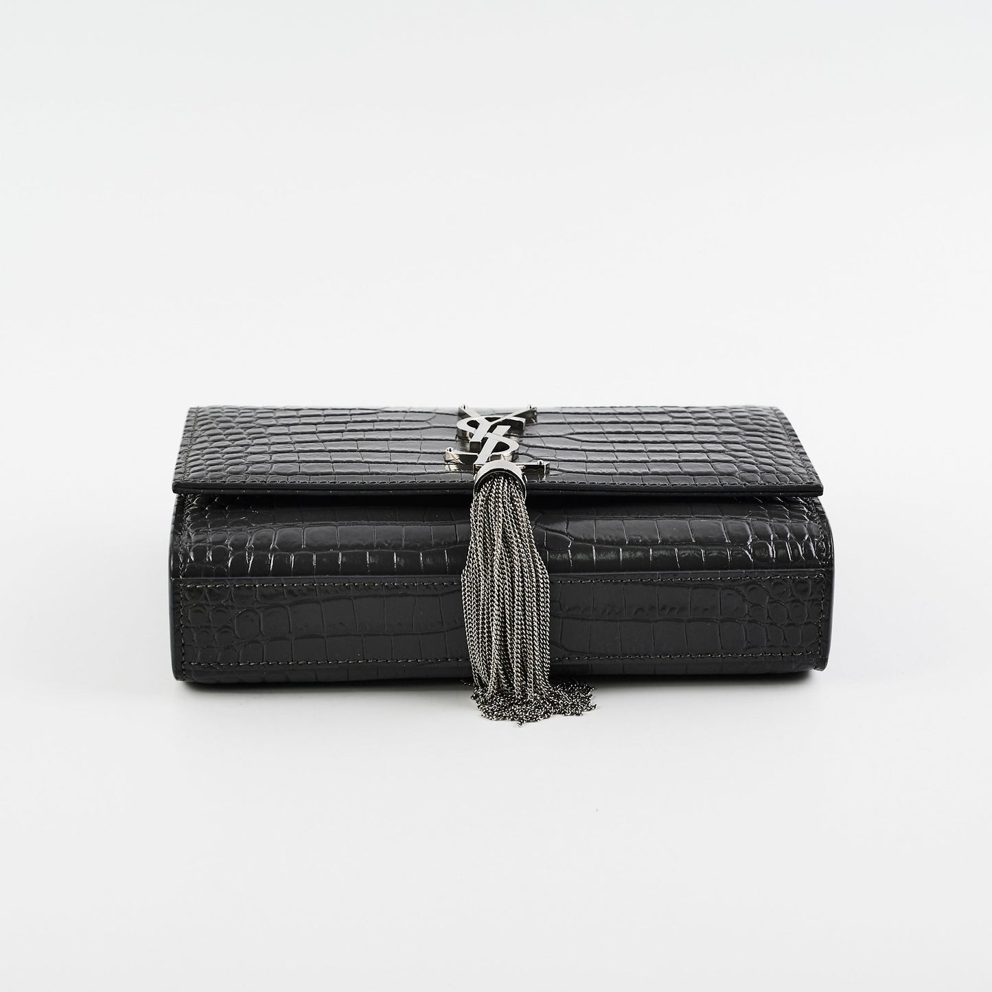 Saint Laurent Small Kate Crocodile Embossed Dark Grey