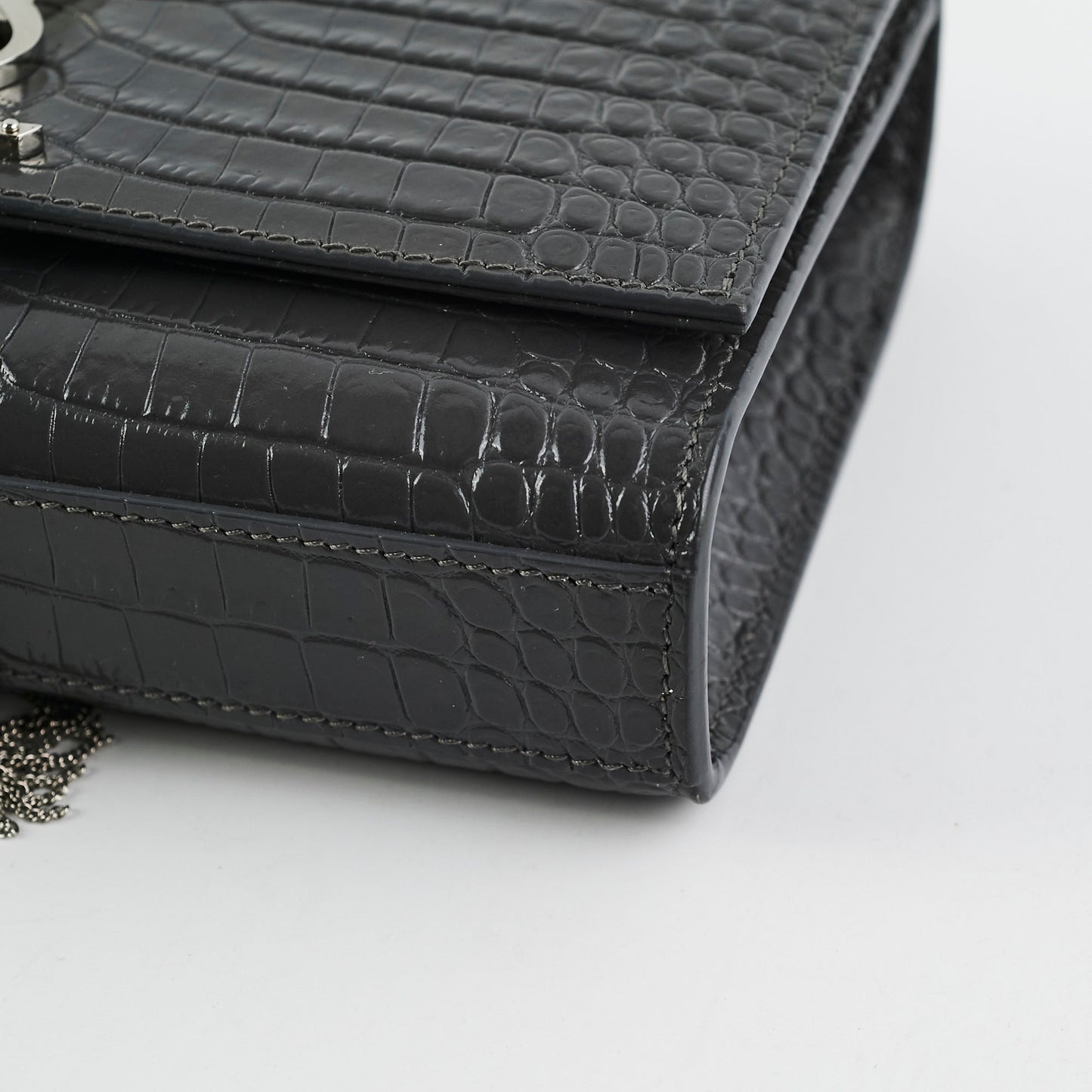 Saint Laurent Small Kate Crocodile Embossed Dark Grey