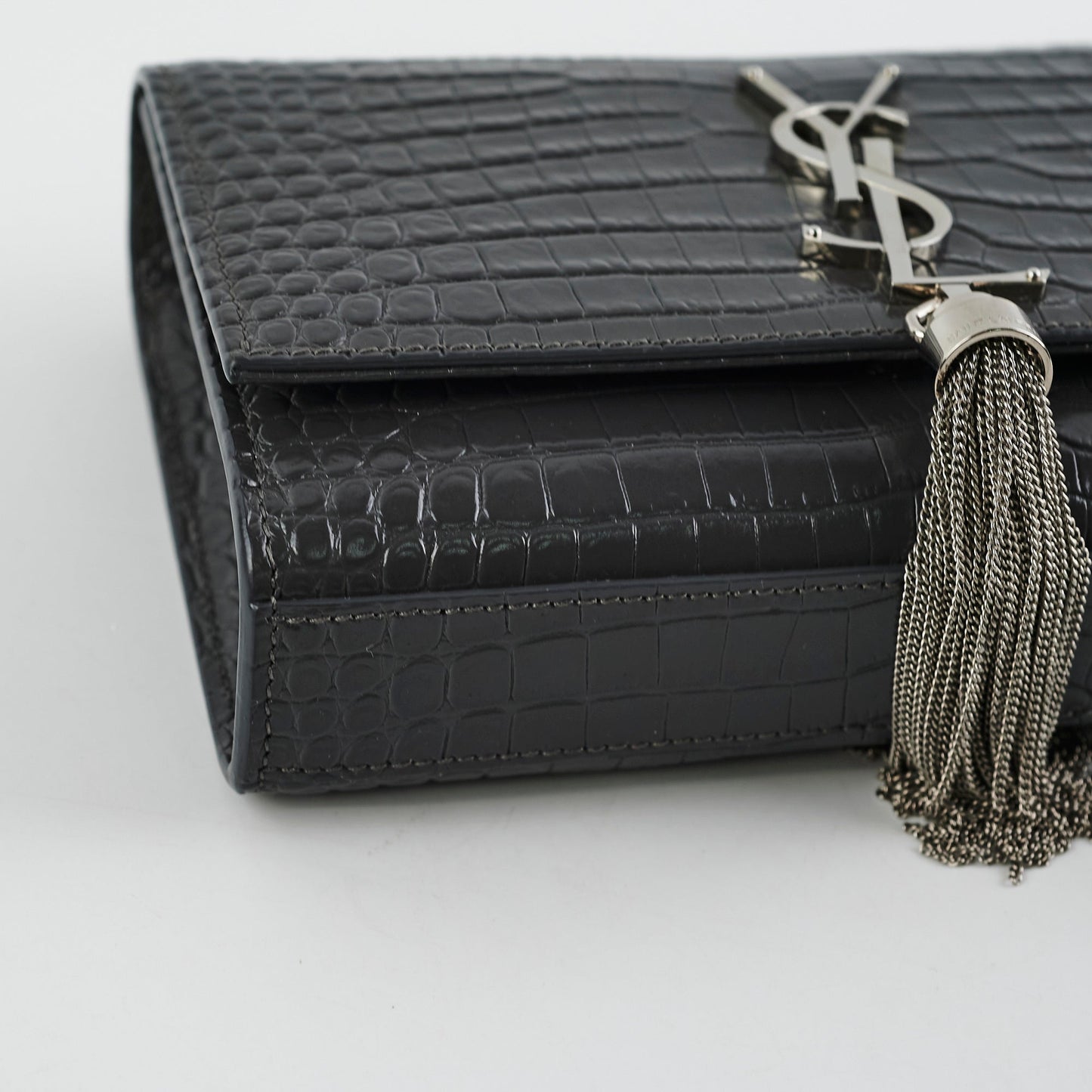 Saint Laurent Small Kate Crocodile Embossed Dark Grey