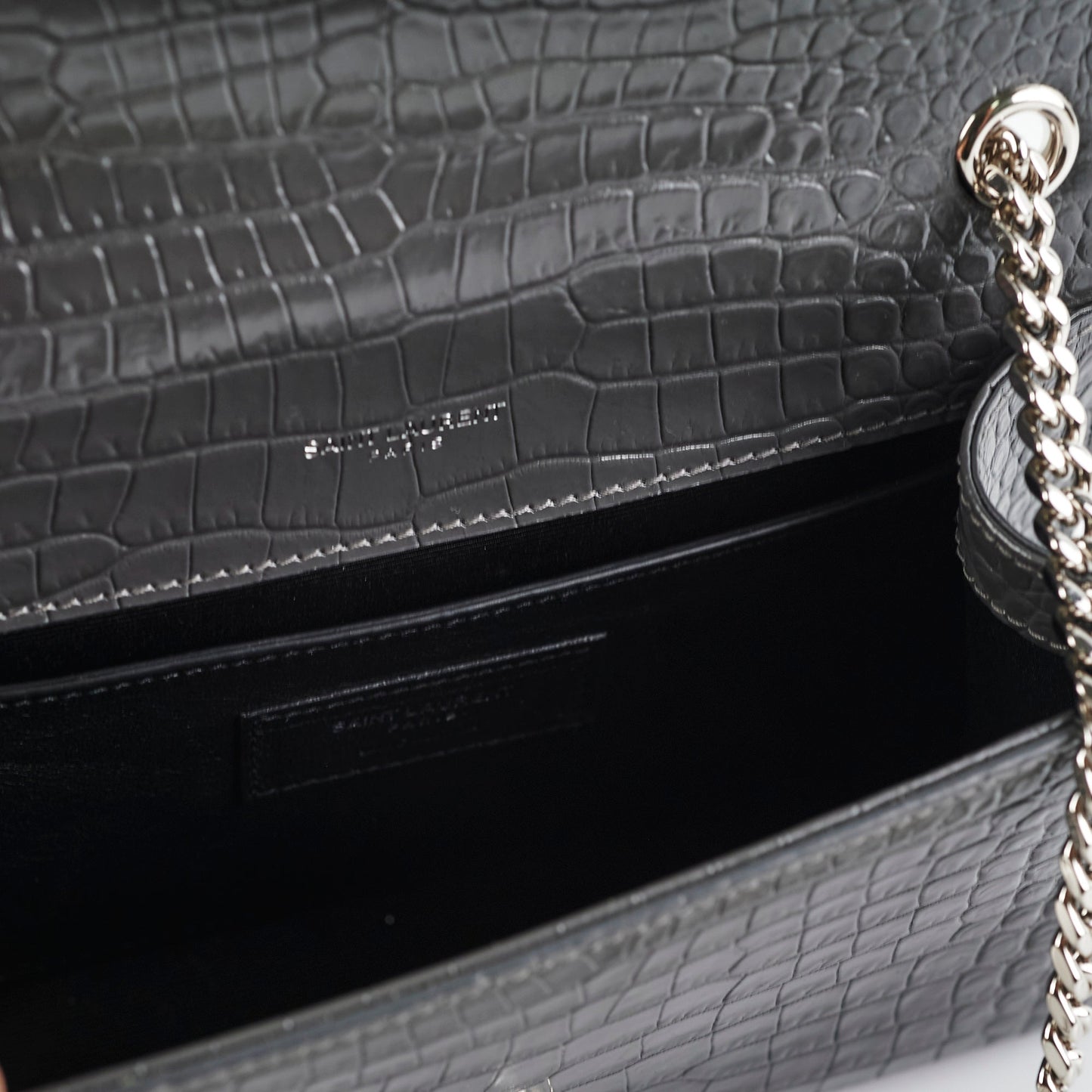 Saint Laurent Small Kate Crocodile Embossed Dark Grey