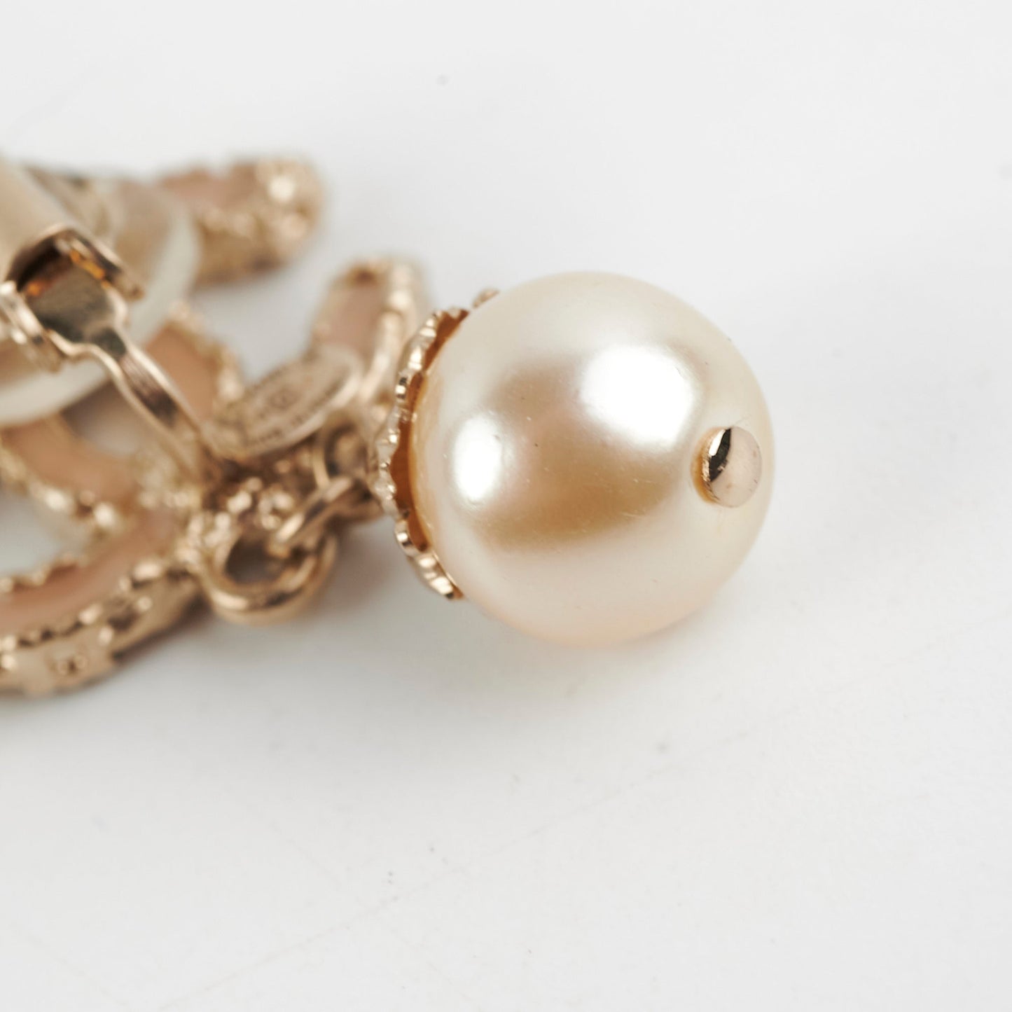 Chanel Coco Logo Clip On Pink Rhinestone Pearl Drop Earrings Costume Jewellery